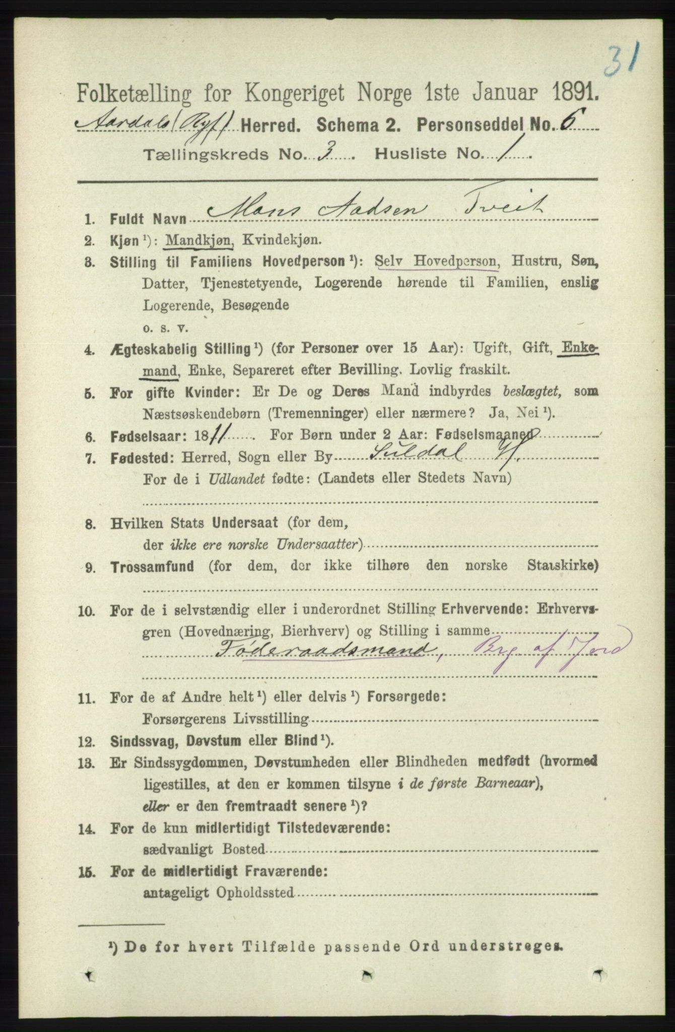 RA, 1891 census for 1131 Årdal, 1891, p. 829