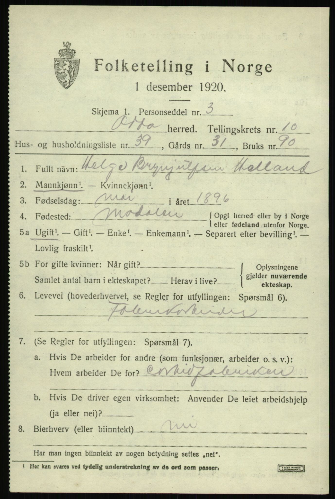 SAB, 1920 census for Odda, 1920, p. 10777