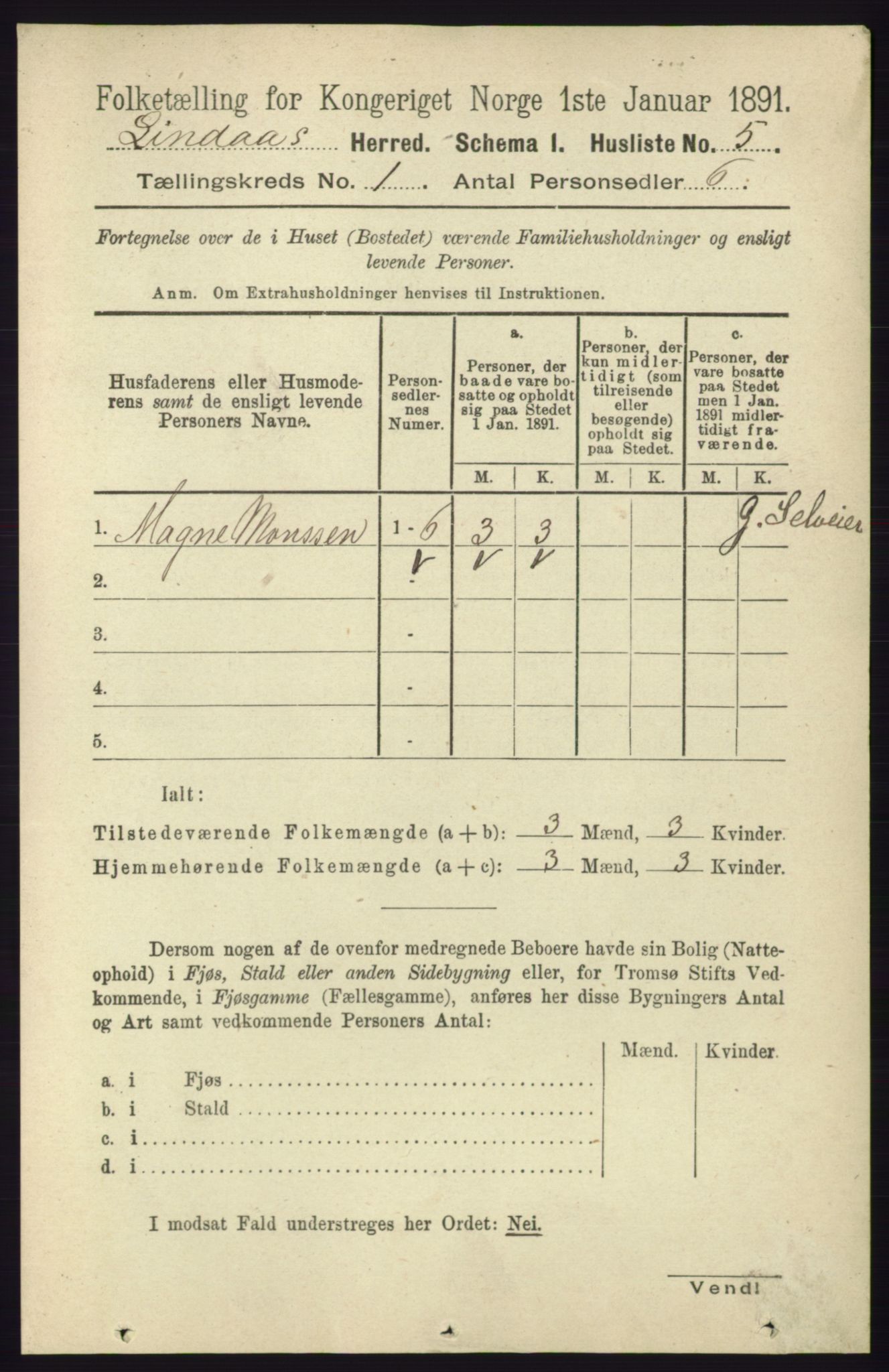 RA, 1891 census for 1263 Lindås, 1891, p. 51