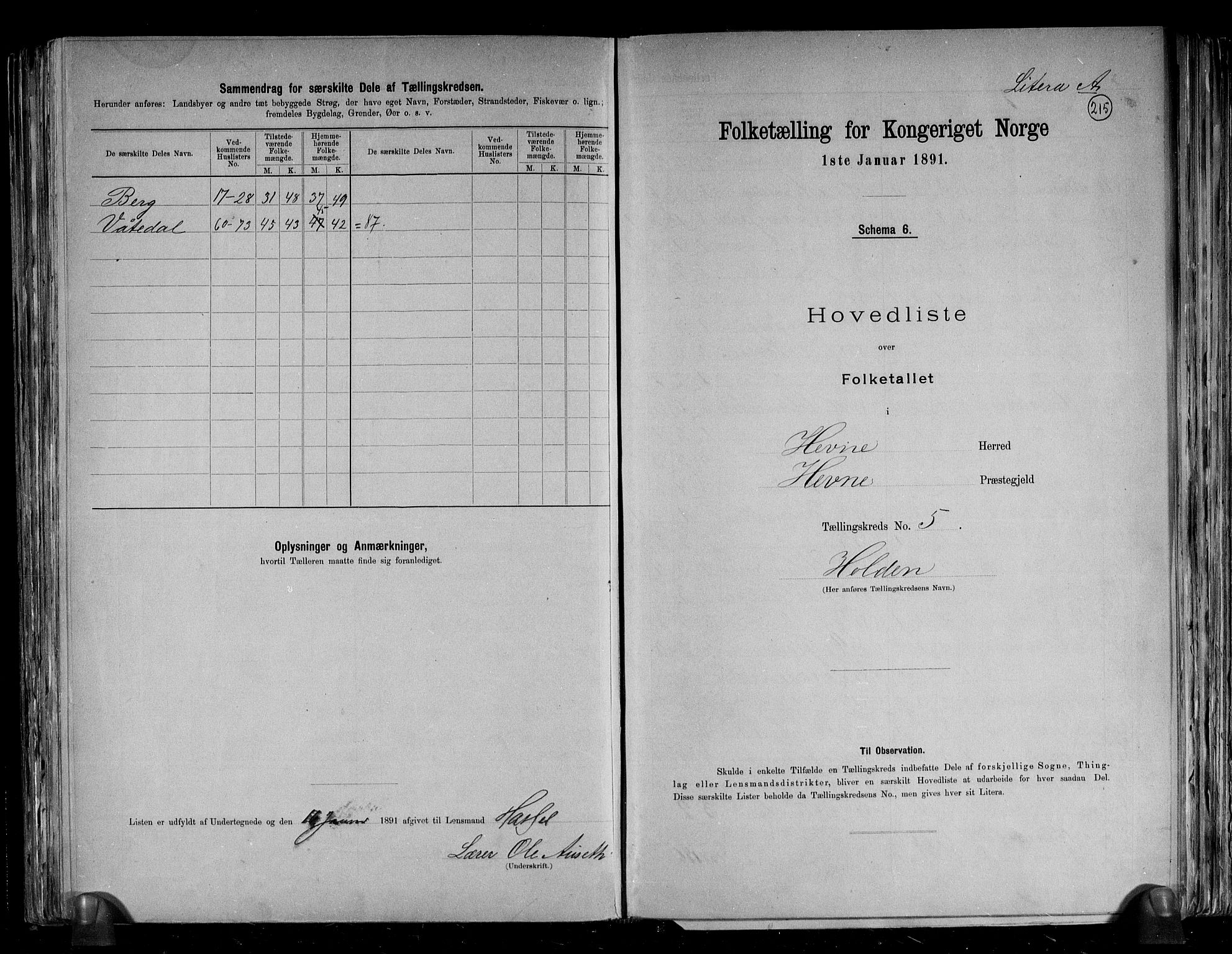 RA, 1891 census for 1612 Hemne, 1891, p. 15