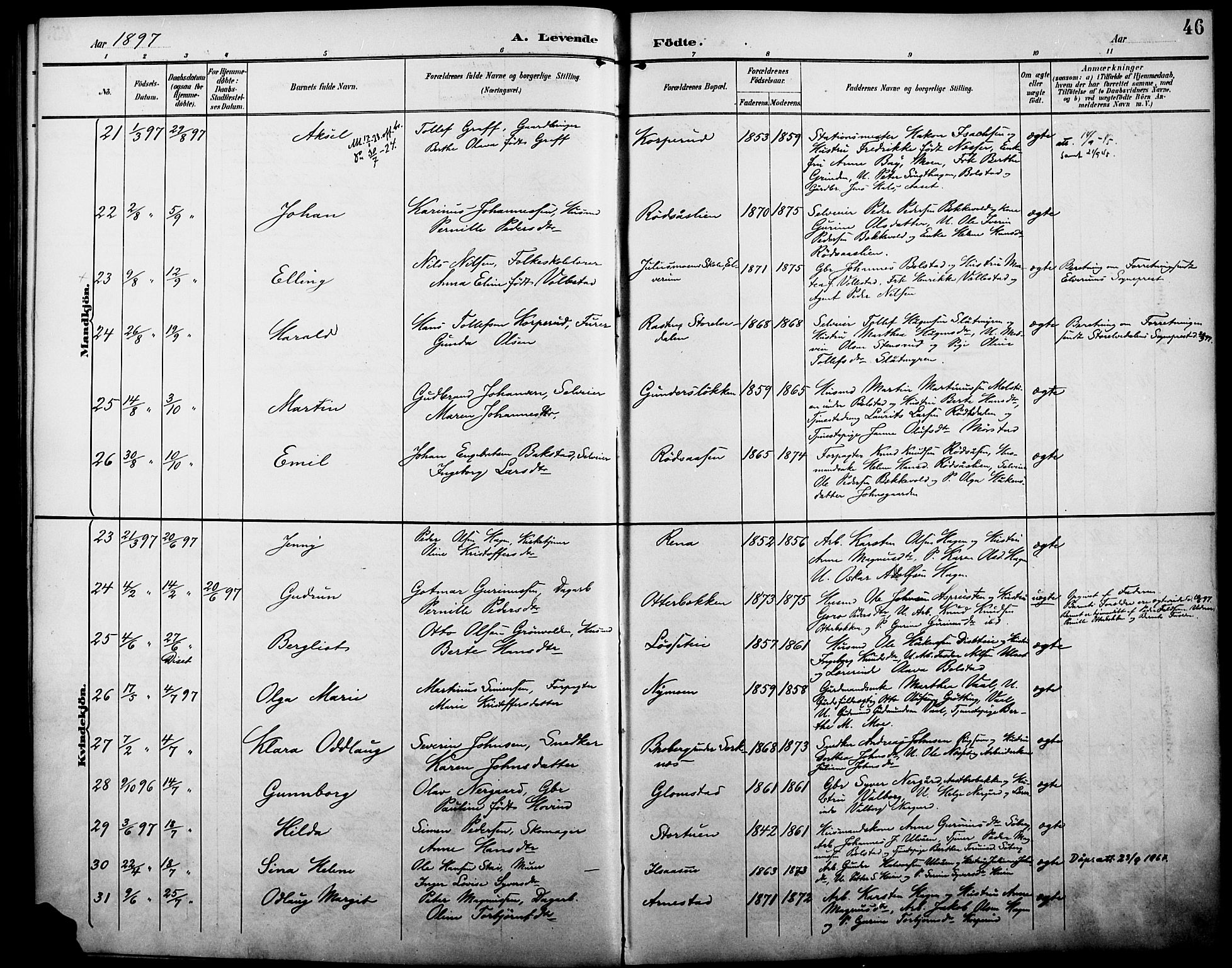 Åmot prestekontor, Hedmark, AV/SAH-PREST-056/H/Ha/Haa/L0011: Parish register (official) no. 11, 1890-1897, p. 46