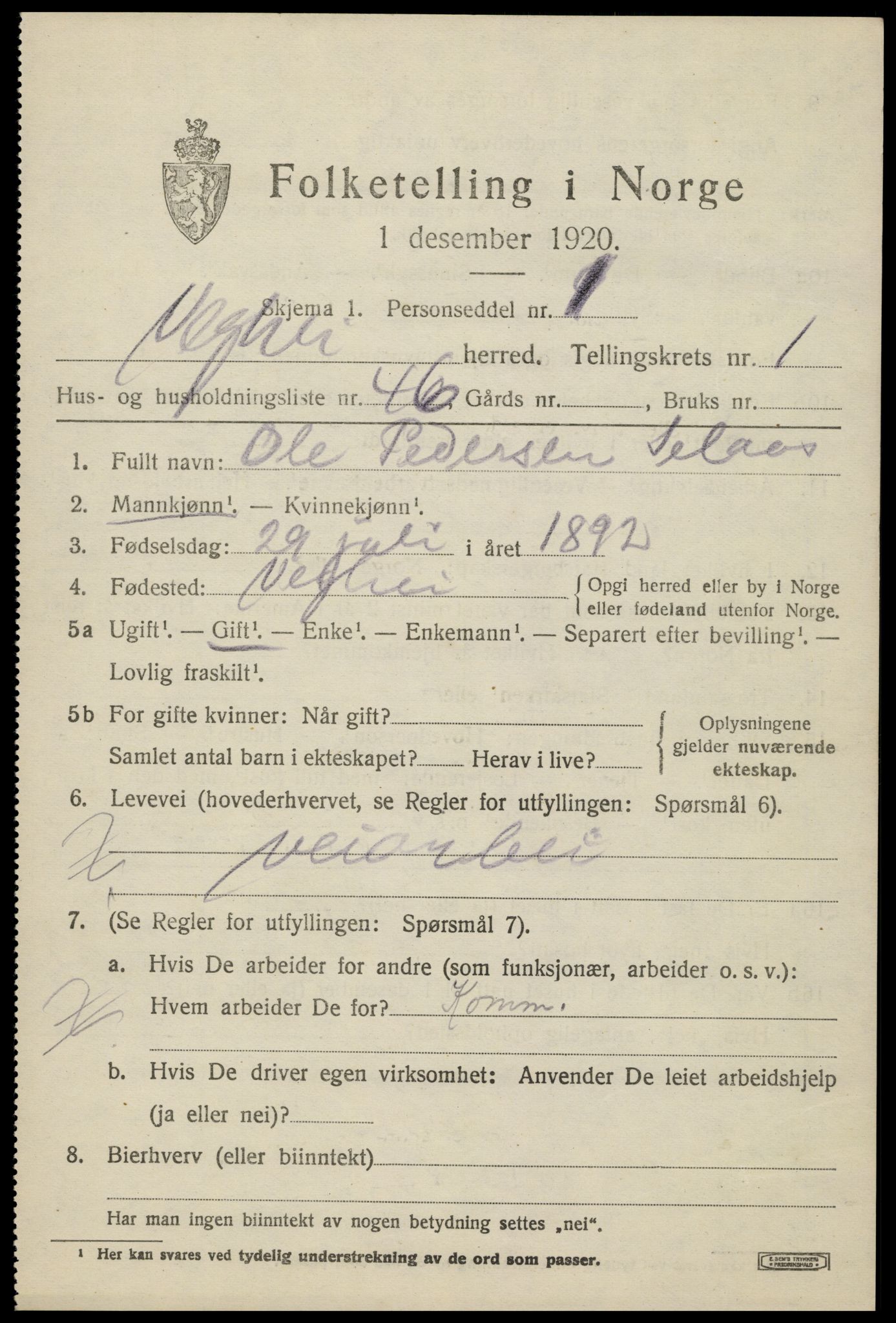 SAK, 1920 census for Vegårshei, 1920, p. 1210