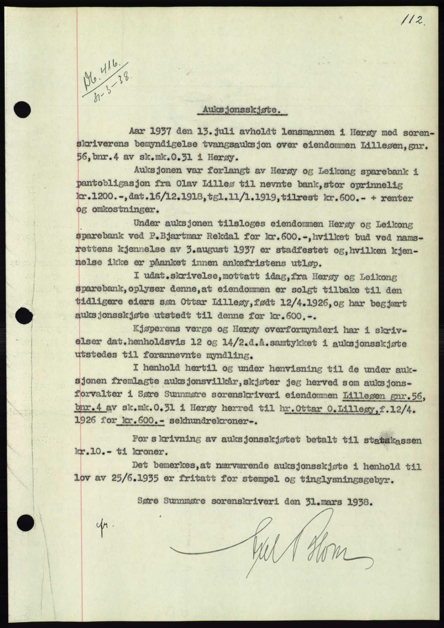 Søre Sunnmøre sorenskriveri, AV/SAT-A-4122/1/2/2C/L0065: Mortgage book no. 59, 1938-1938, Diary no: : 416/1938