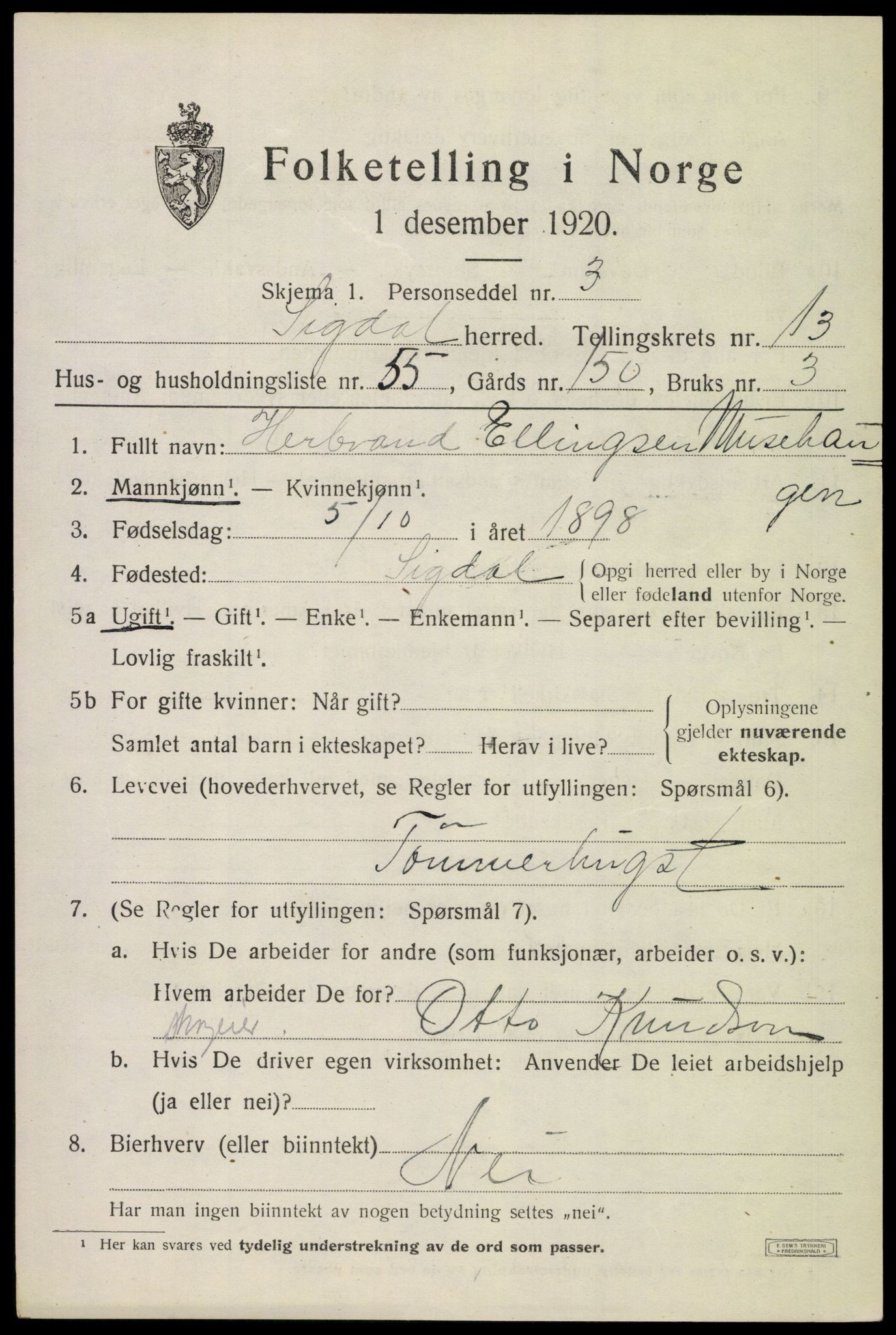 SAKO, 1920 census for Sigdal, 1920, p. 8636