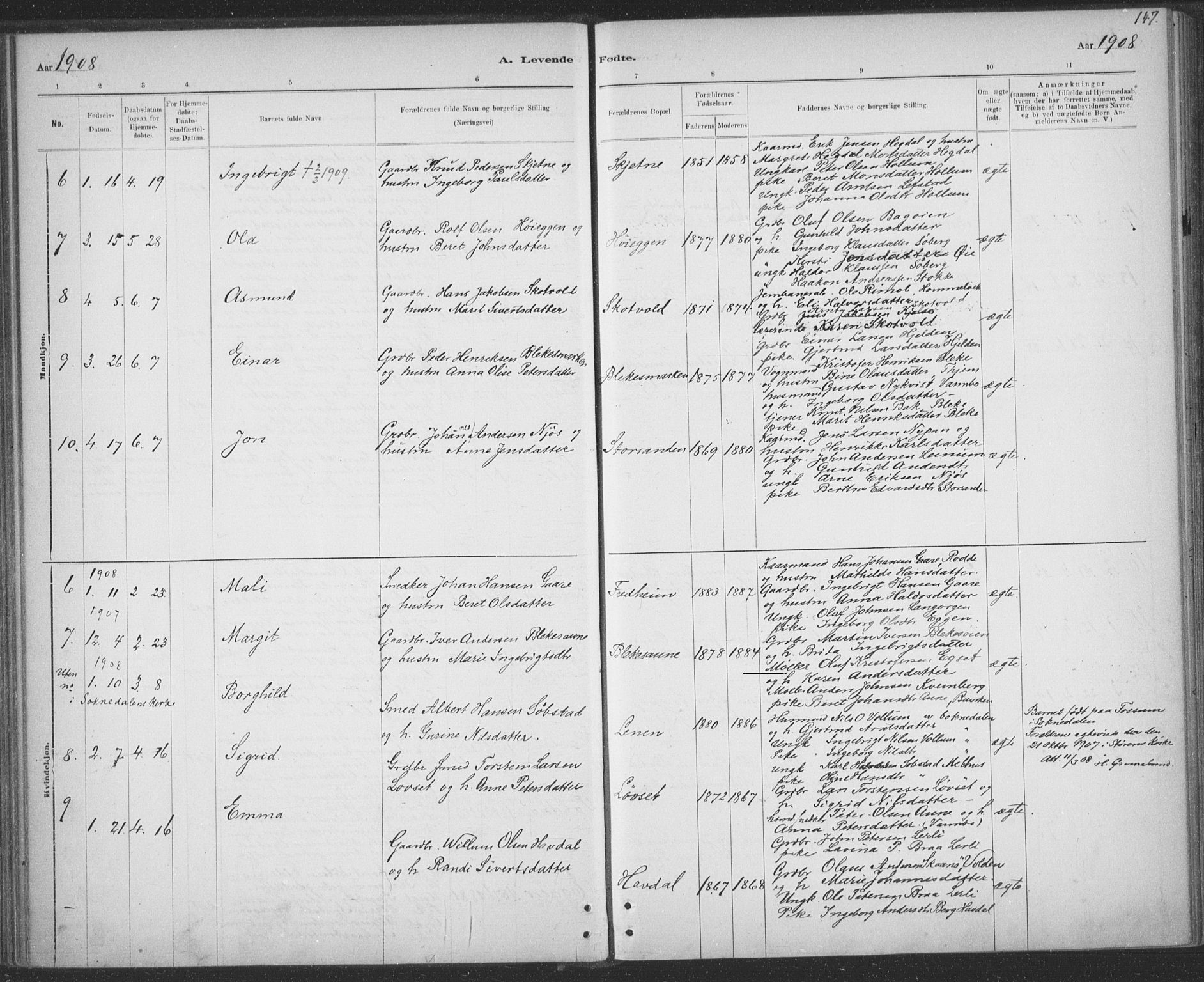 Ministerialprotokoller, klokkerbøker og fødselsregistre - Sør-Trøndelag, AV/SAT-A-1456/691/L1085: Parish register (official) no. 691A17, 1887-1908, p. 147