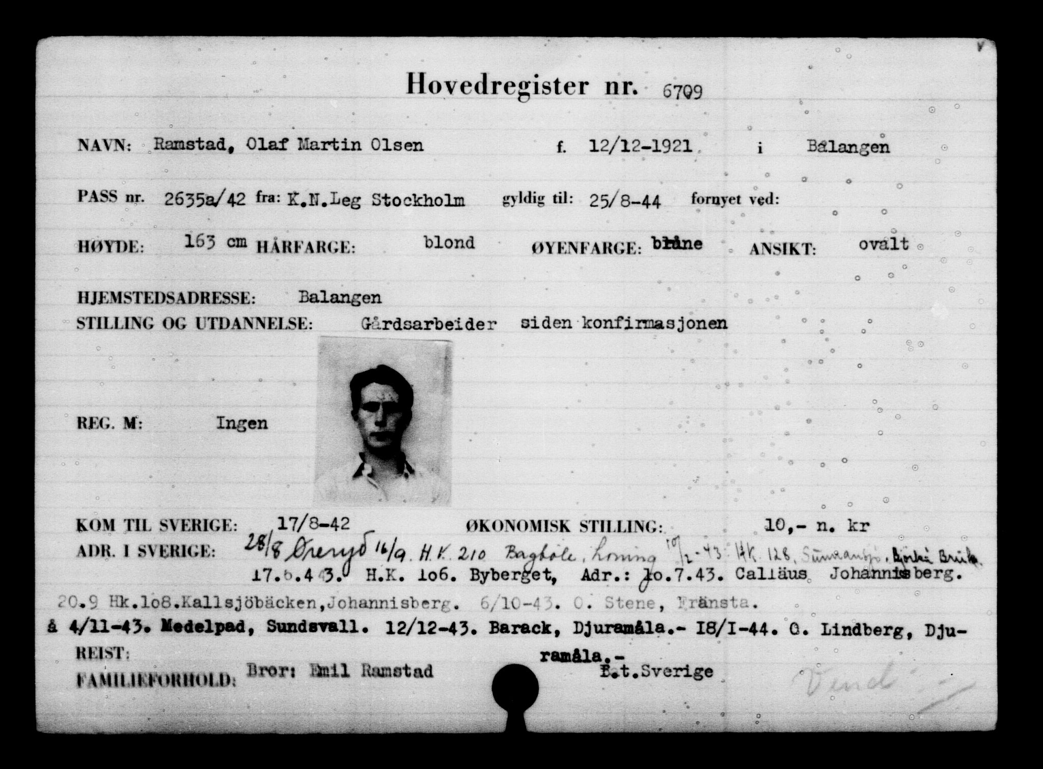Utenriksstasjonene, Legasjonen i Stockholm, Flyktningkontoret, AV/RA-S-6753/V/Va/L0005: Kjesäterkartoteket, flyktninger med registreringsnr. 6600-9417, 1940-1945, p. 131