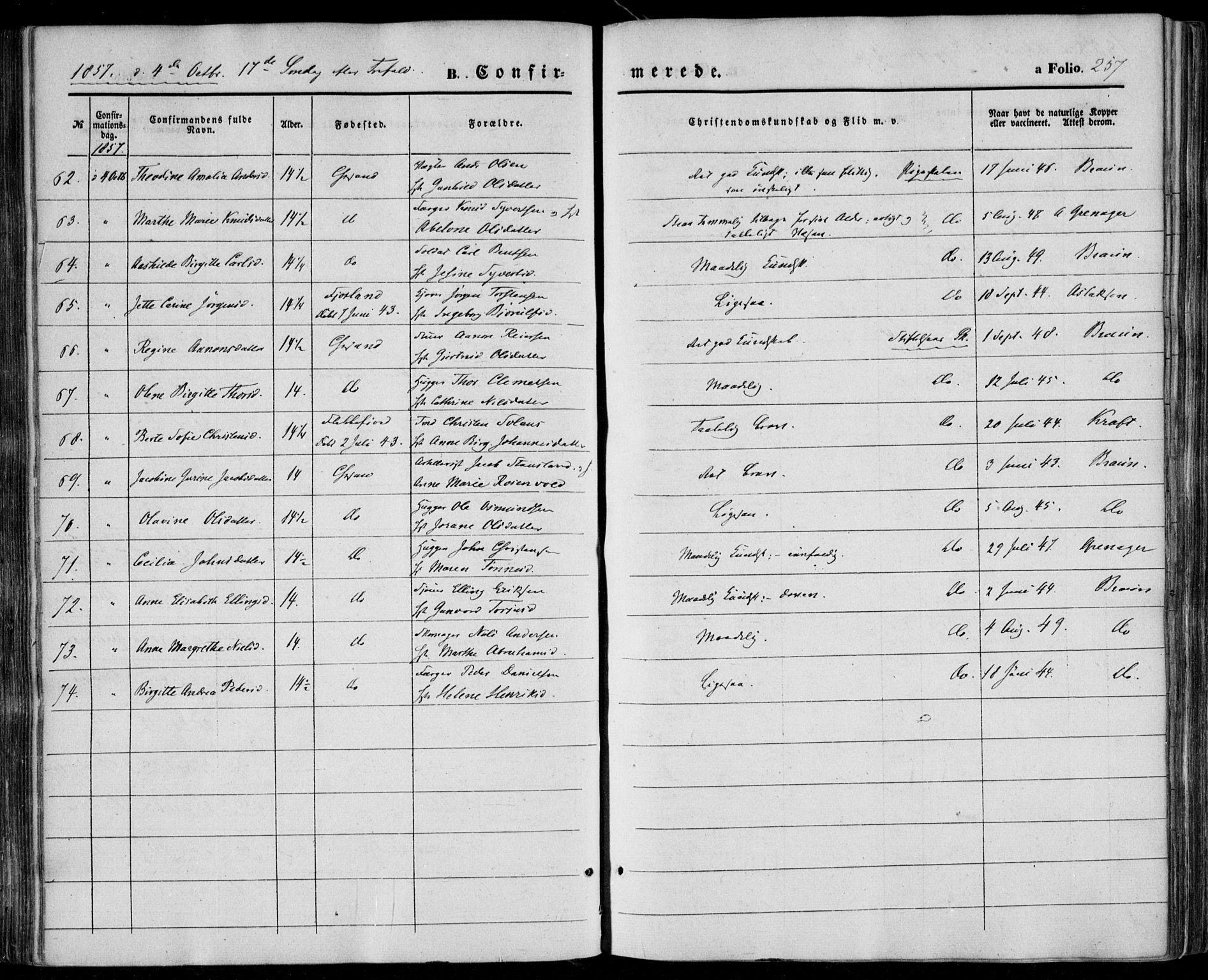 Kristiansand domprosti, AV/SAK-1112-0006/F/Fa/L0014: Parish register (official) no. A 14, 1852-1867, p. 257