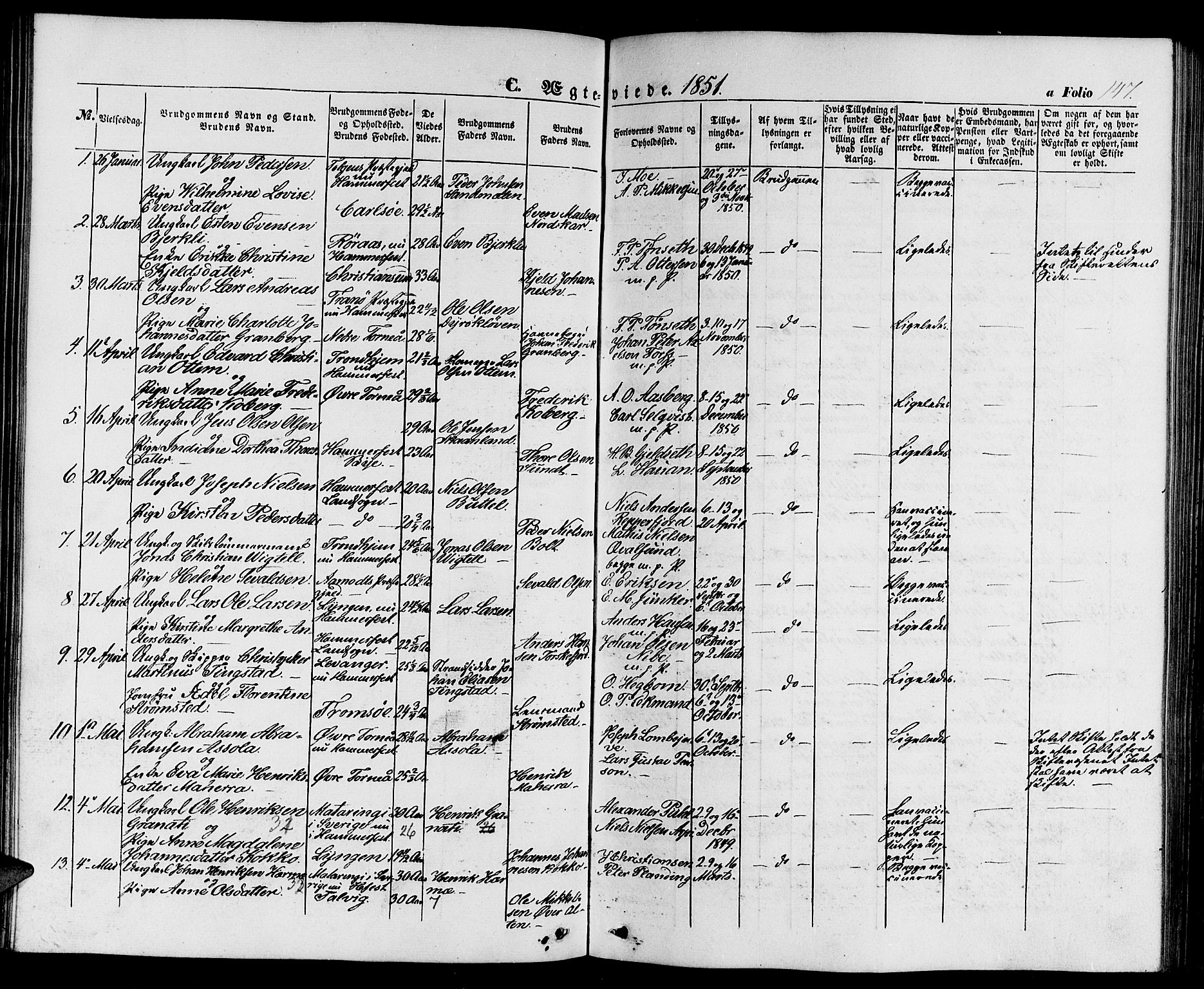 Hammerfest sokneprestkontor, AV/SATØ-S-1347/H/Hb/L0002.klokk: Parish register (copy) no. 2, 1851-1861, p. 147