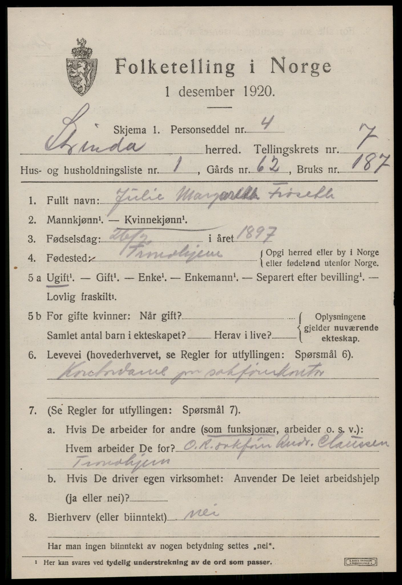 SAT, 1920 census for Strinda, 1920, p. 16912