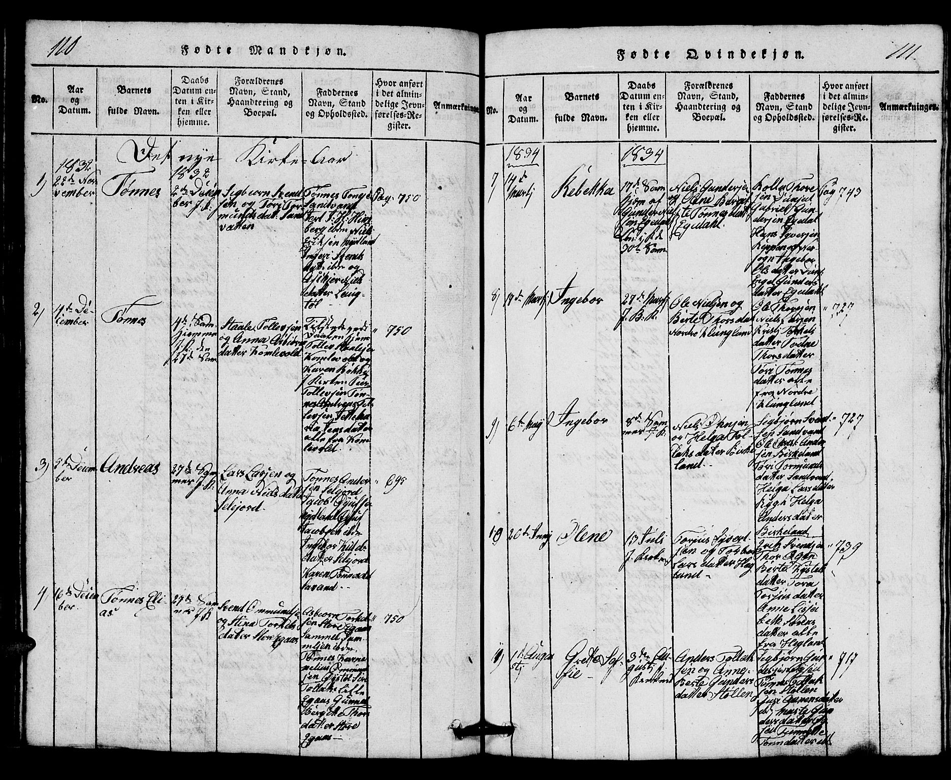 Bakke sokneprestkontor, AV/SAK-1111-0002/F/Fb/Fbb/L0001: Parish register (copy) no. B 1, 1815-1835, p. 110-111