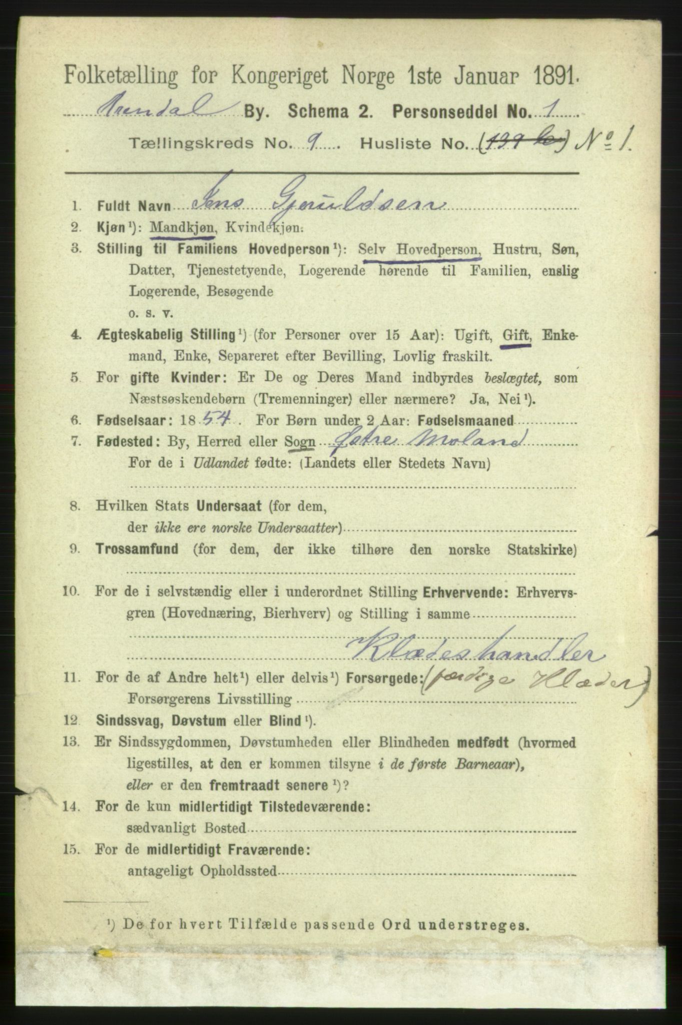 RA, 1891 census for 0903 Arendal, 1891, p. 3220