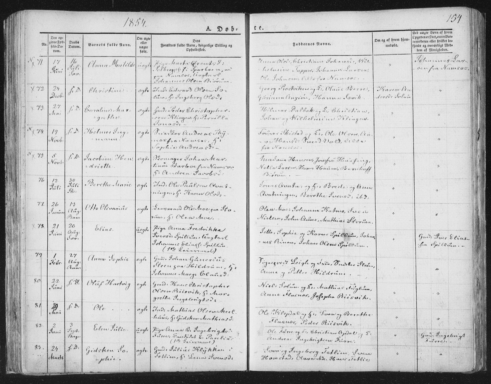 Ministerialprotokoller, klokkerbøker og fødselsregistre - Nord-Trøndelag, AV/SAT-A-1458/764/L0551: Parish register (official) no. 764A07a, 1824-1864, p. 154