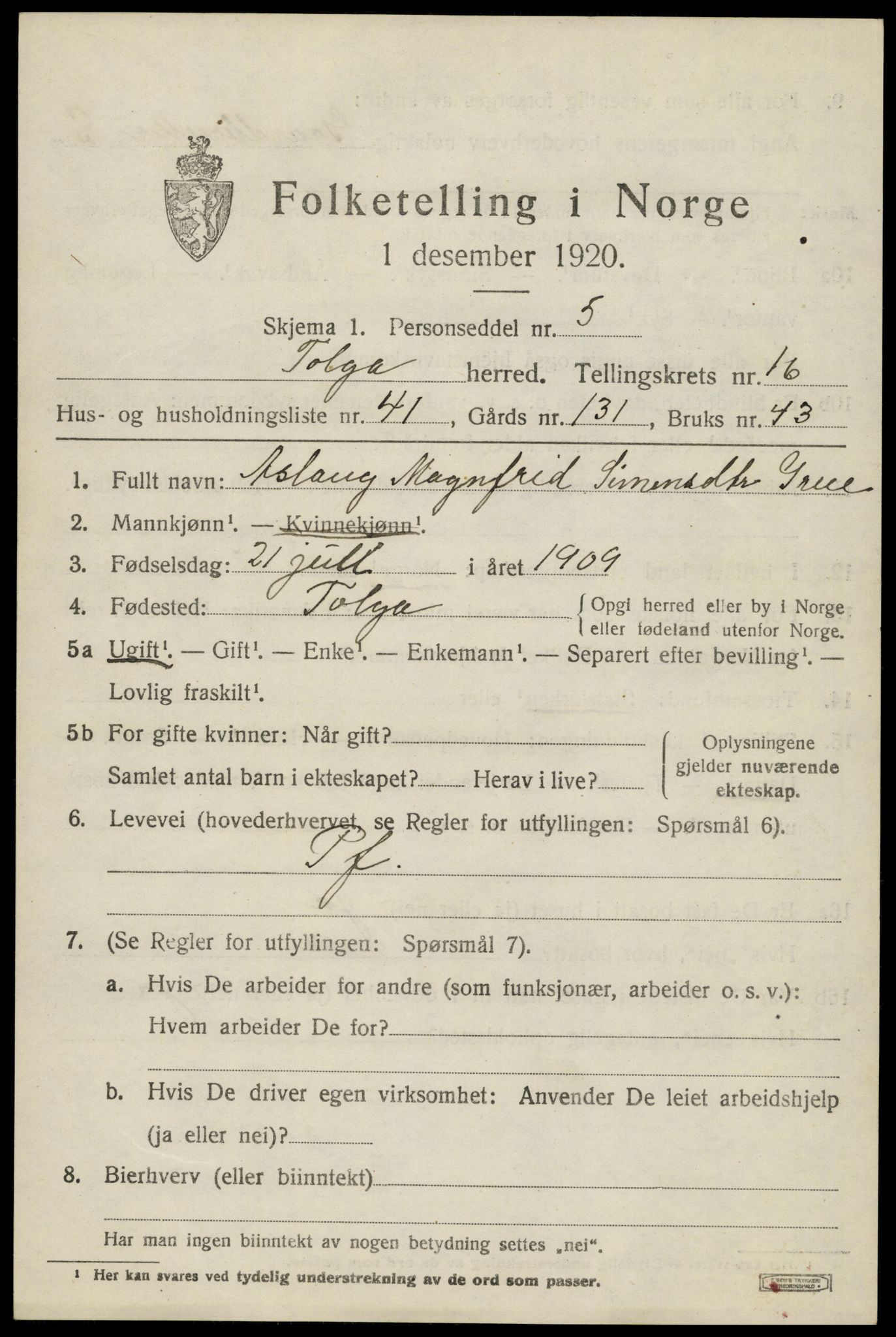 SAH, 1920 census for Tolga, 1920, p. 7805