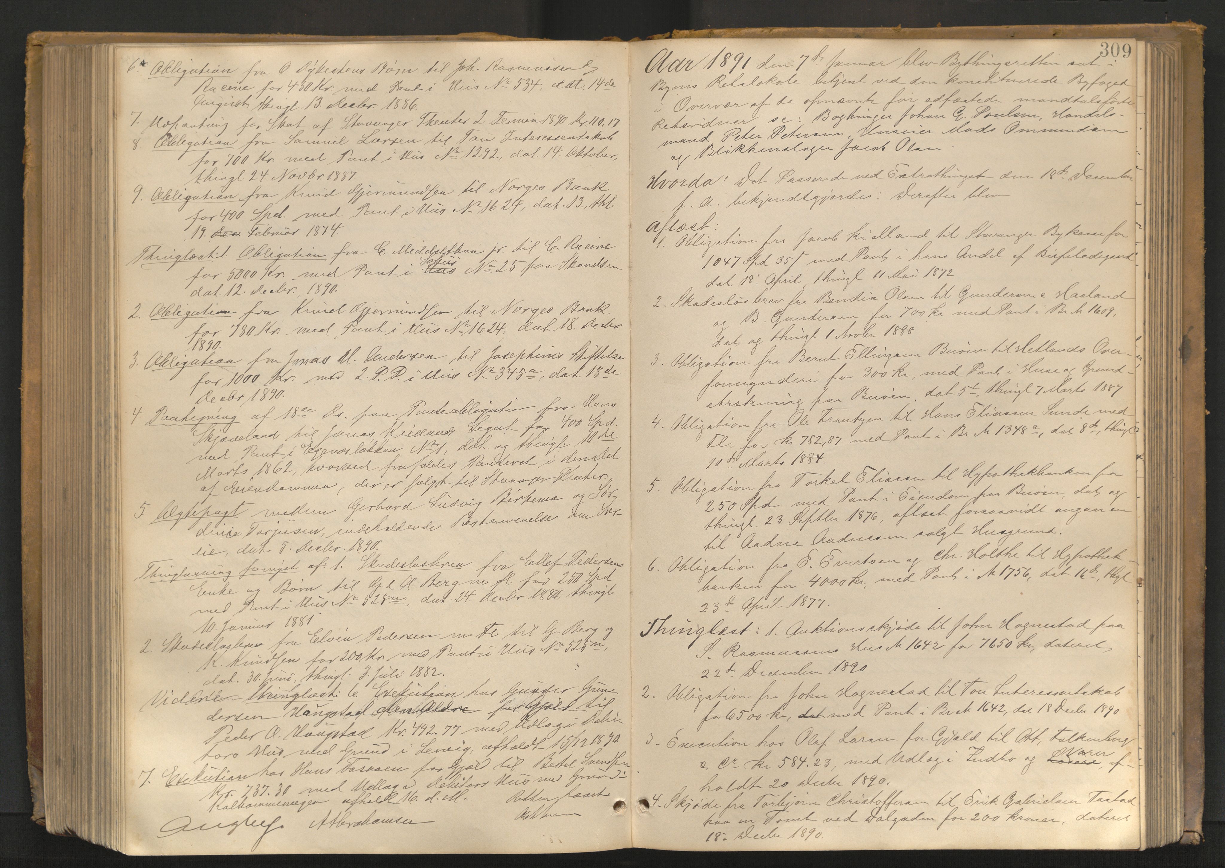 Stavanger byfogd, AV/SAST-A-101408/001/3/30/30BA/L0064: Bytingprotkoll, 1888-1892, p. 308b-309a