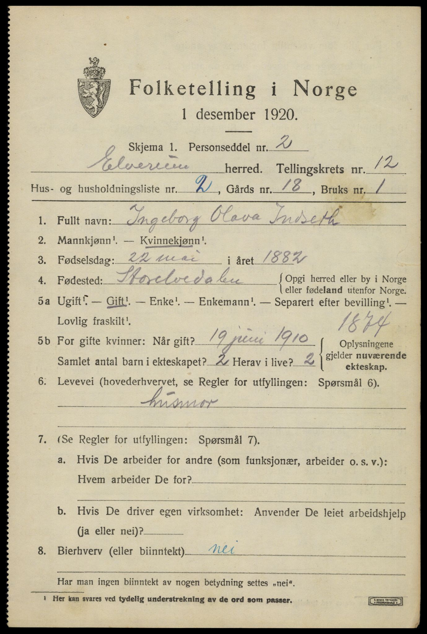 SAH, 1920 census for Elverum, 1920, p. 16948