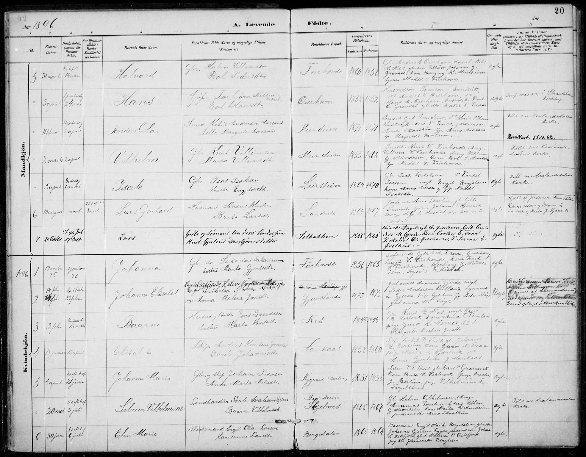 Strandebarm sokneprestembete, SAB/A-78401/H/Haa: Parish register (official) no. D  1, 1886-1912, p. 20