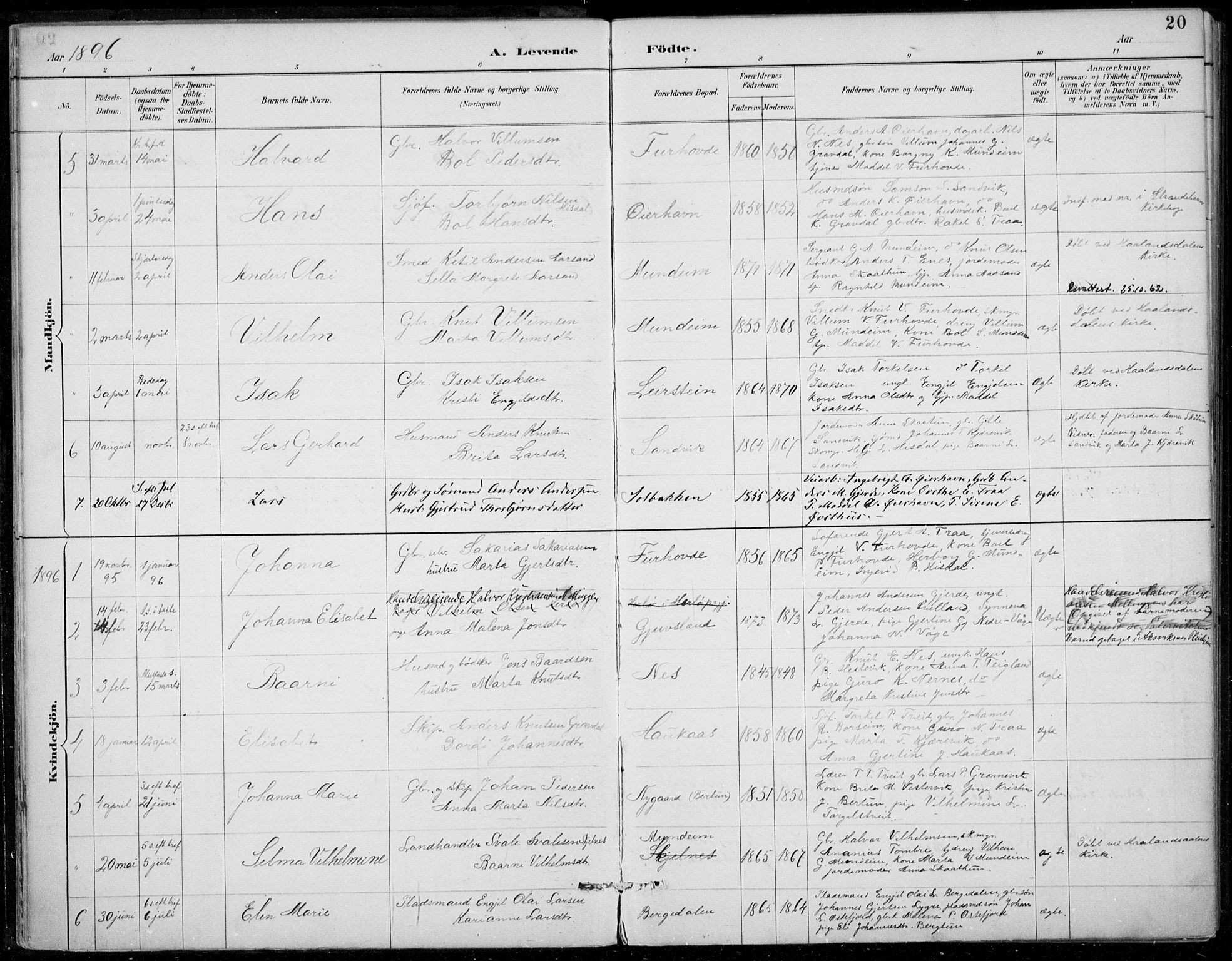 Strandebarm sokneprestembete, AV/SAB-A-78401/H/Haa: Parish register (official) no. D  1, 1886-1912, p. 20