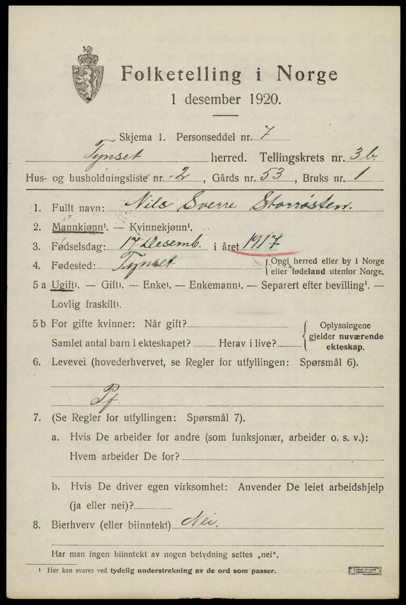 SAH, 1920 census for Tynset, 1920, p. 3160