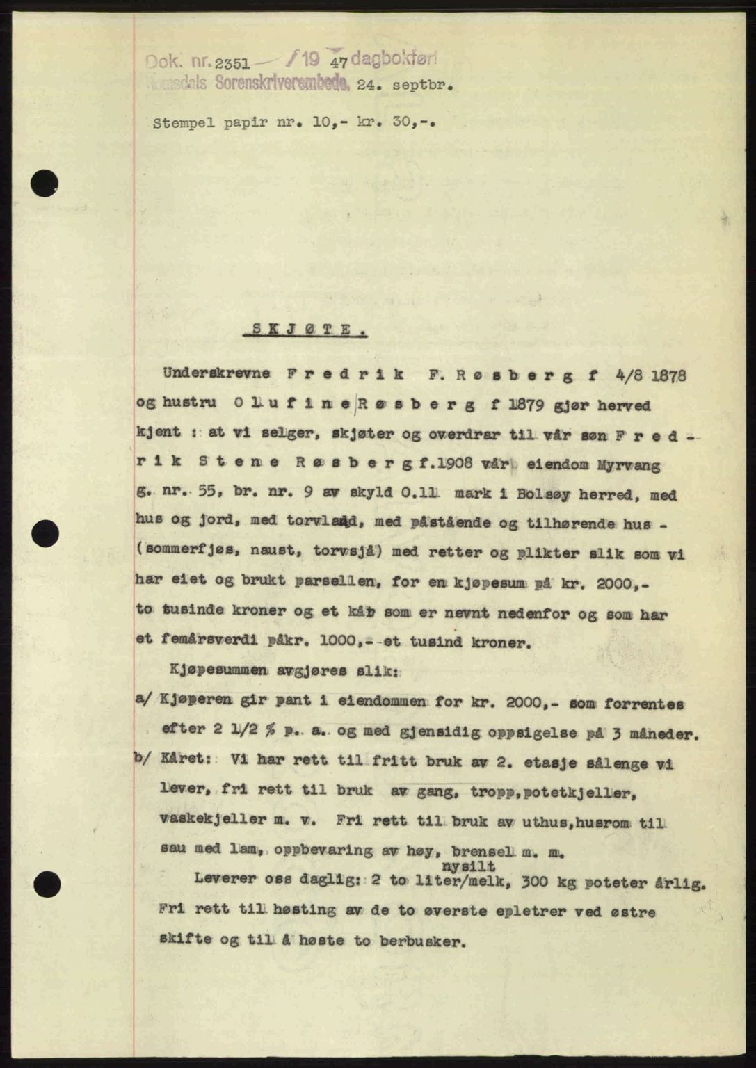 Romsdal sorenskriveri, SAT/A-4149/1/2/2C: Mortgage book no. A24, 1947-1947, Diary no: : 2351/1947