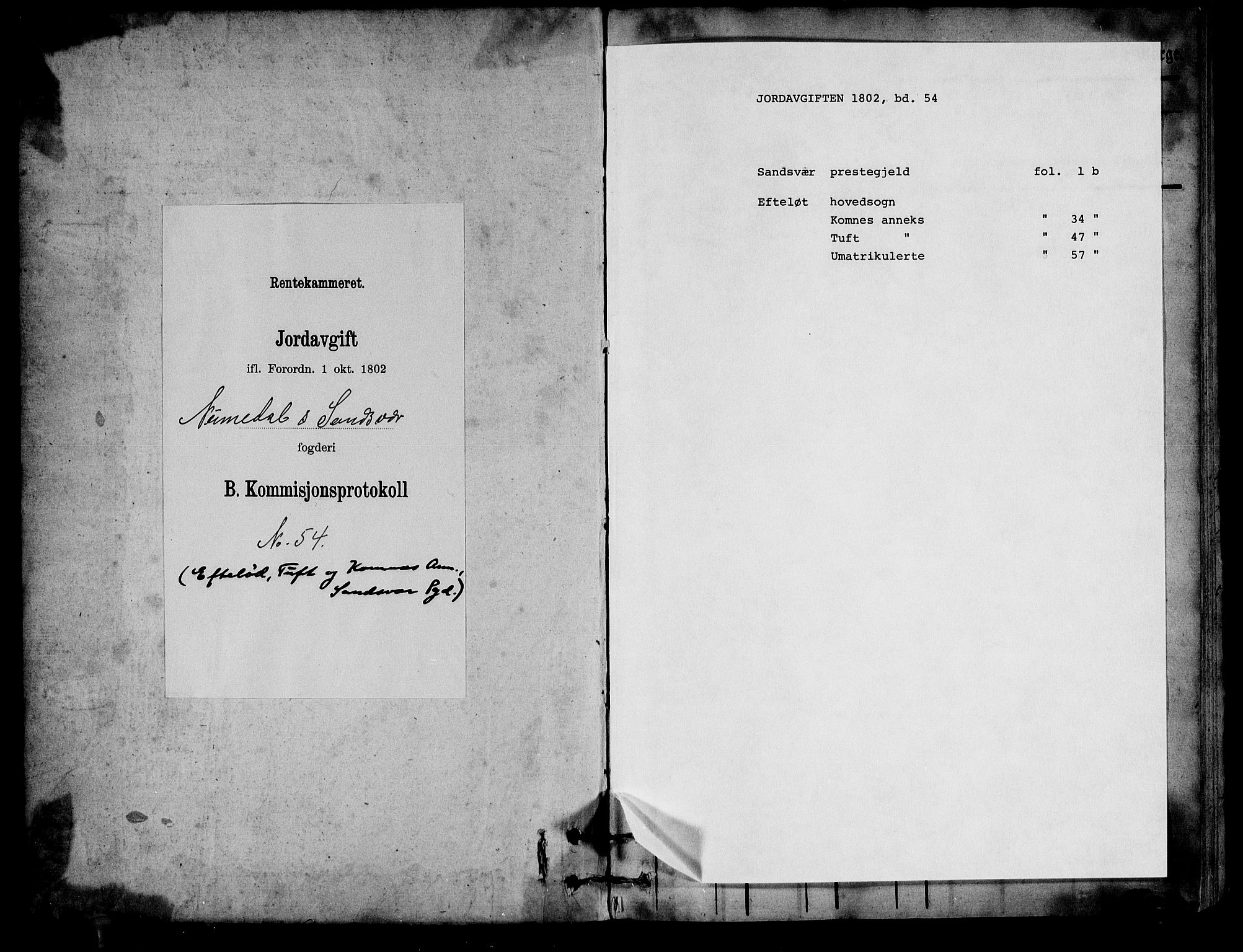 Rentekammeret inntil 1814, Realistisk ordnet avdeling, RA/EA-4070/N/Ne/Nea/L0054: Numedal og Sandsvær fogderi. Kommisjonsprotokoll for Efteløt hovedsogn samt Tuft og Komnes annekser, 1803, p. 1