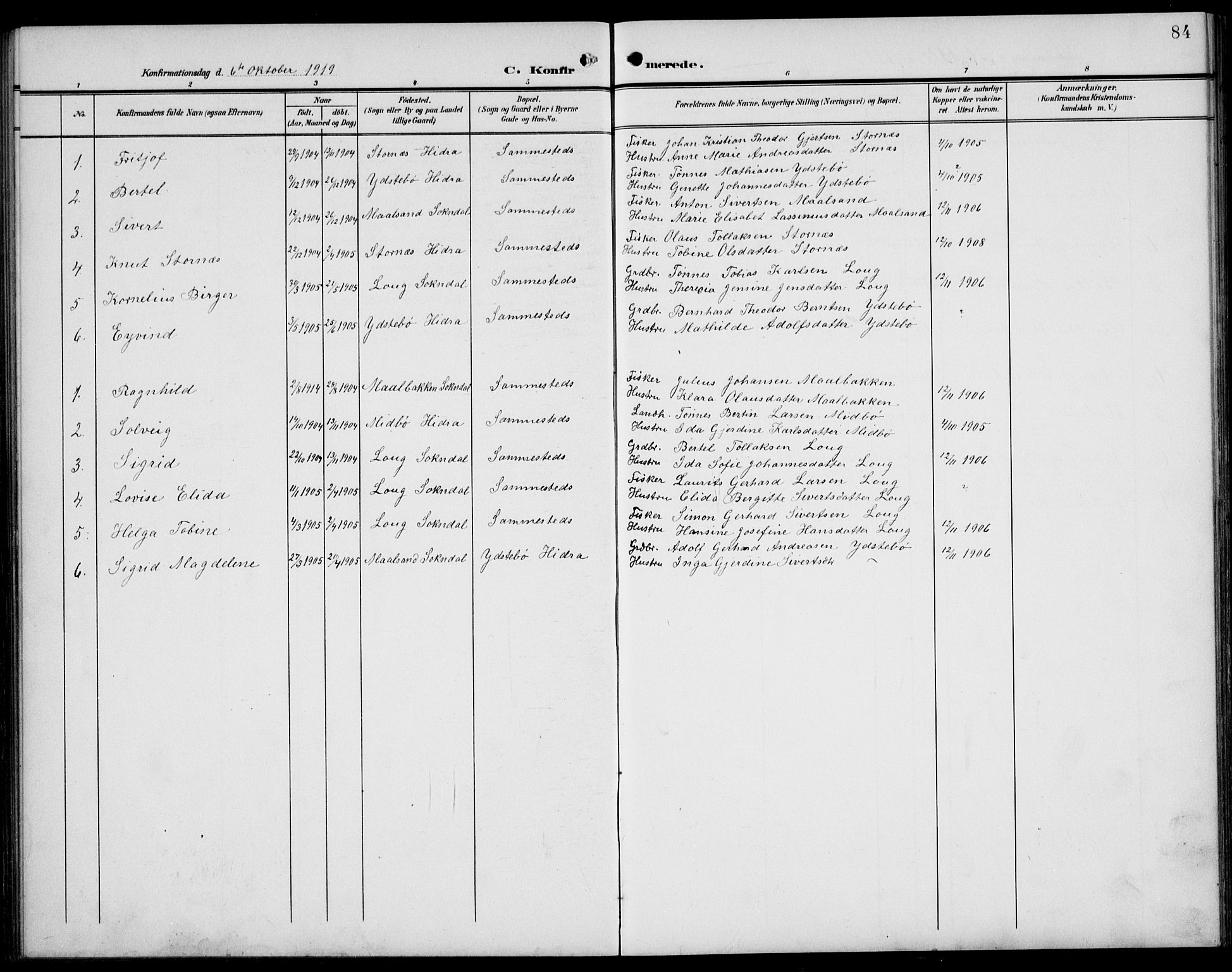 Sokndal sokneprestkontor, SAST/A-101808: Parish register (copy) no. B 7, 1904-1935, p. 84