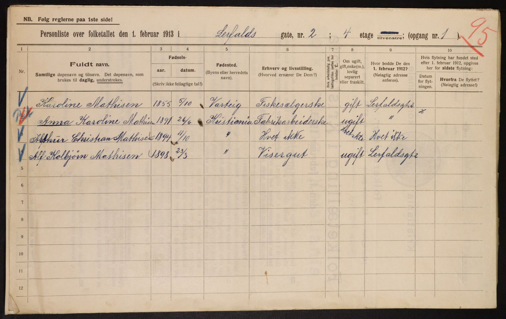 OBA, Municipal Census 1913 for Kristiania, 1913, p. 57038