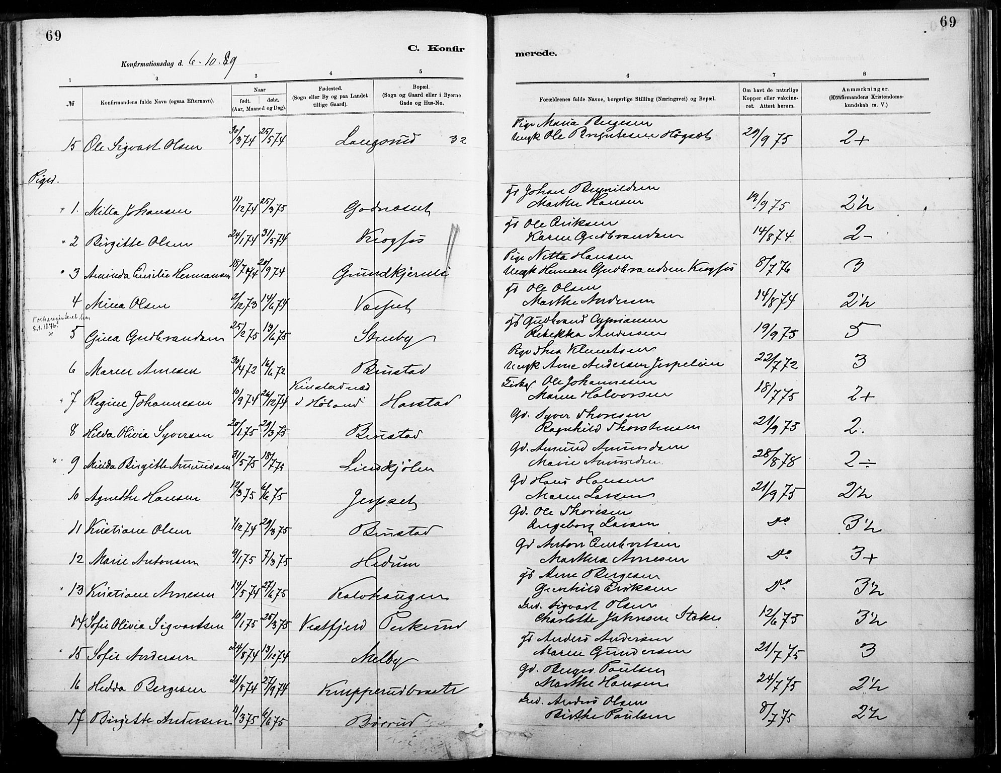 Eidskog prestekontor, SAH/PREST-026/H/Ha/Haa/L0004: Parish register (official) no. 4, 1884-1897, p. 69