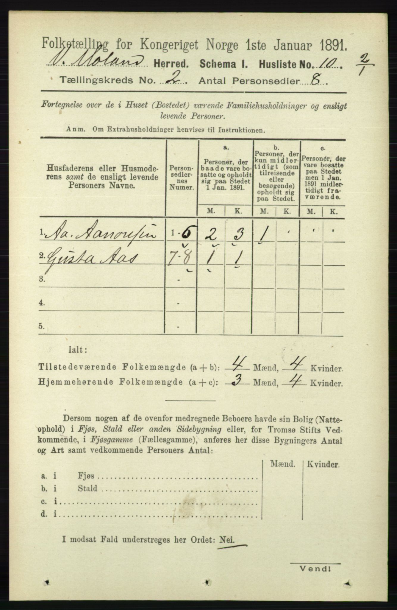 RA, 1891 census for 0926 Vestre Moland, 1891, p. 577