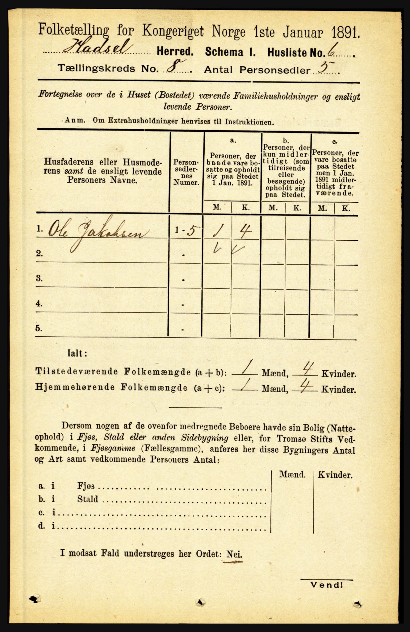 RA, 1891 census for 1866 Hadsel, 1891, p. 3537