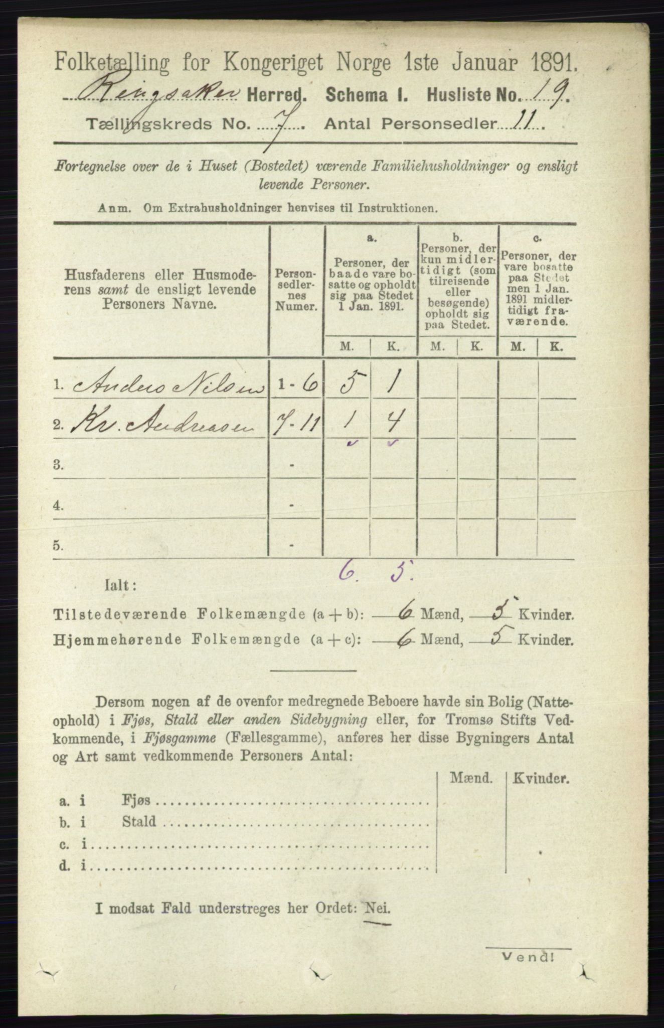 RA, 1891 census for 0412 Ringsaker, 1891, p. 3809