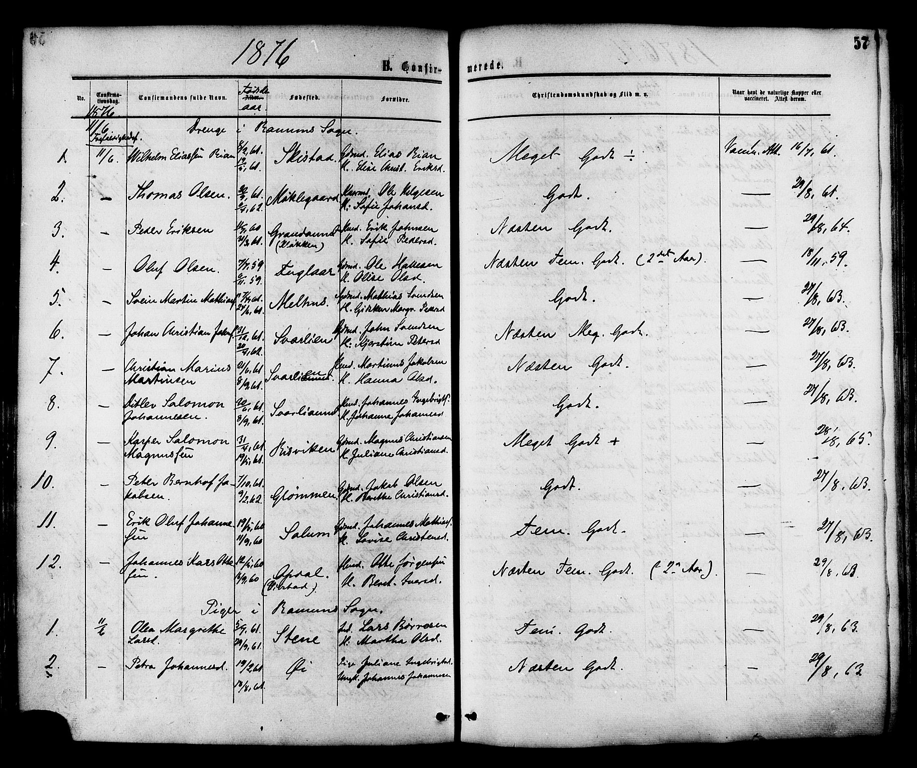Ministerialprotokoller, klokkerbøker og fødselsregistre - Nord-Trøndelag, SAT/A-1458/764/L0553: Parish register (official) no. 764A08, 1858-1880, p. 57