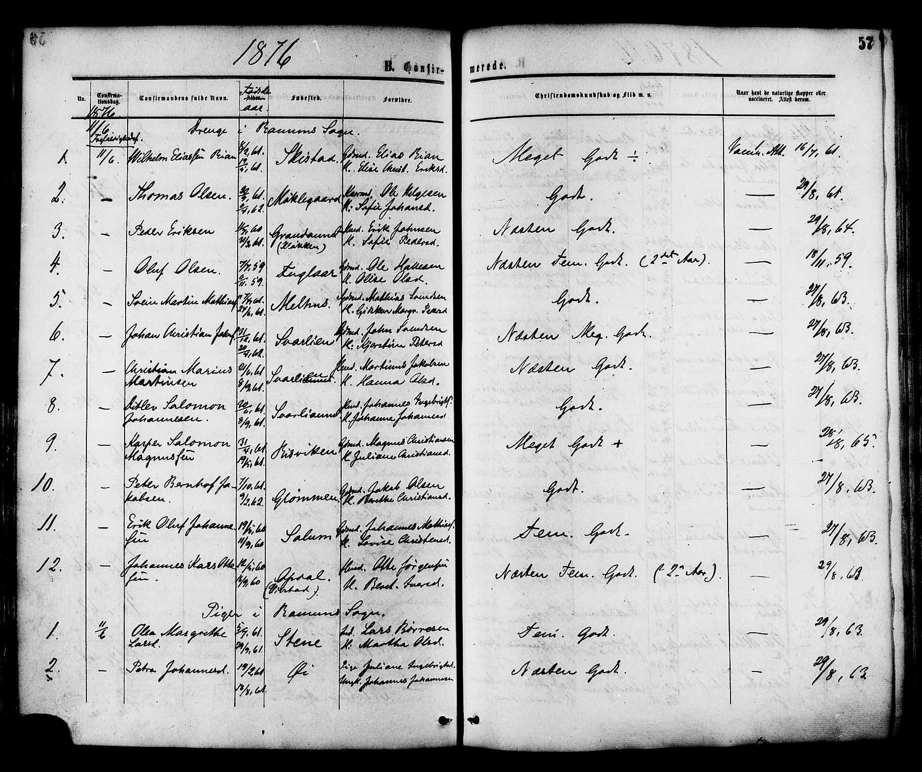 Ministerialprotokoller, klokkerbøker og fødselsregistre - Nord-Trøndelag, AV/SAT-A-1458/764/L0553: Parish register (official) no. 764A08, 1858-1880, p. 57