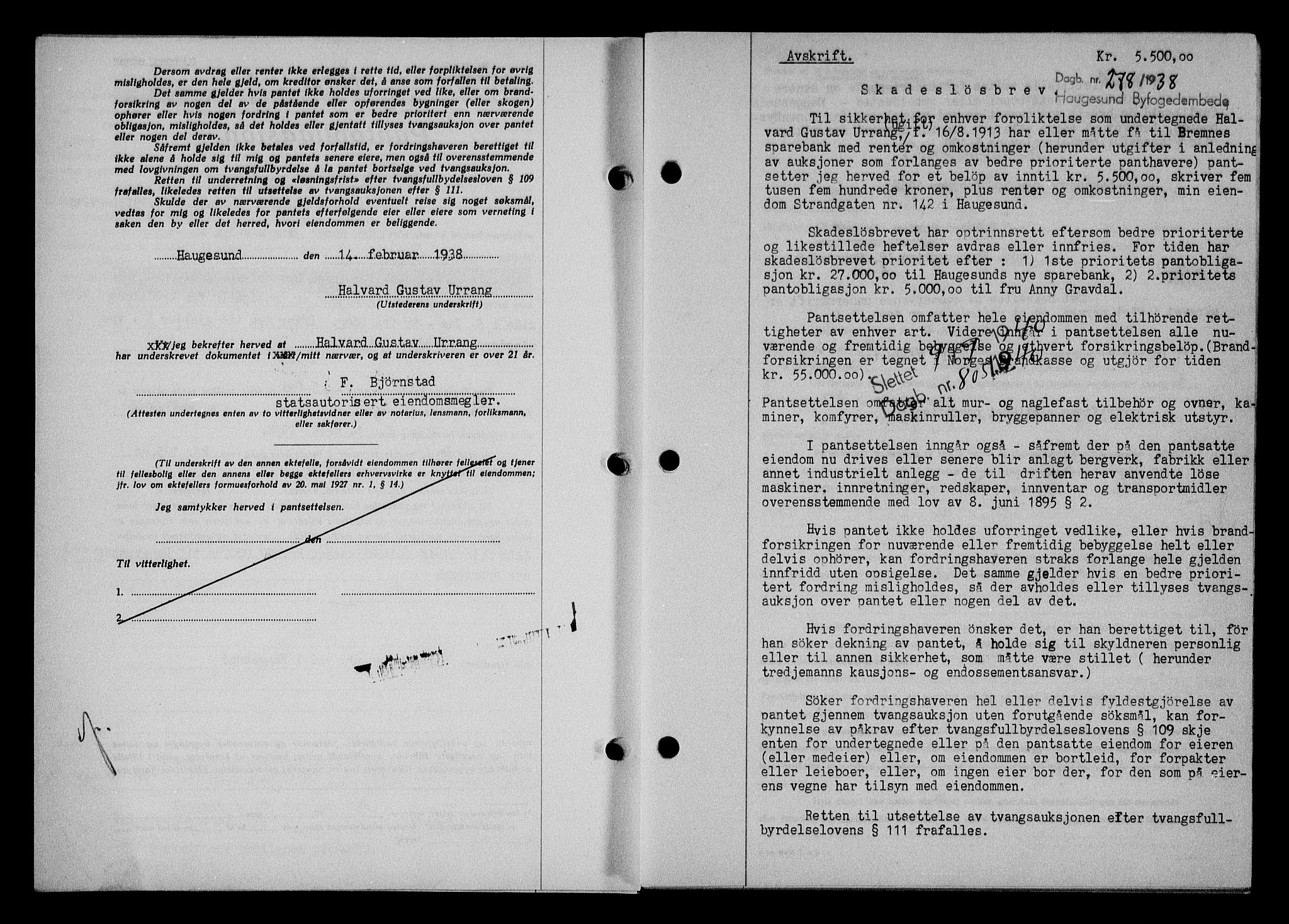 Haugesund tingrett, AV/SAST-A-101415/01/II/IIC/L0031: Mortgage book no. 31, 1936-1938, Diary no: : 278/1938