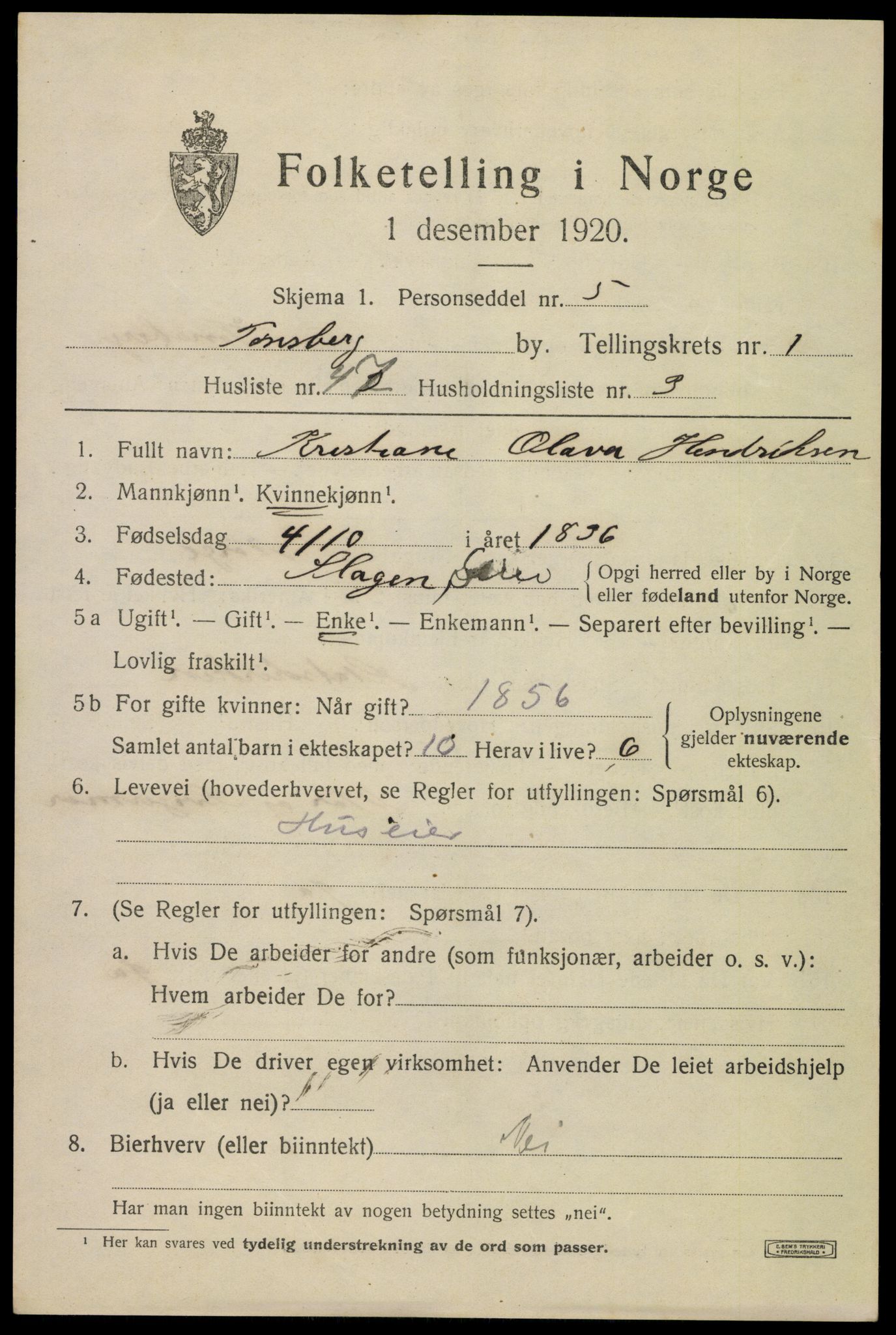 SAKO, 1920 census for Tønsberg, 1920, p. 9851