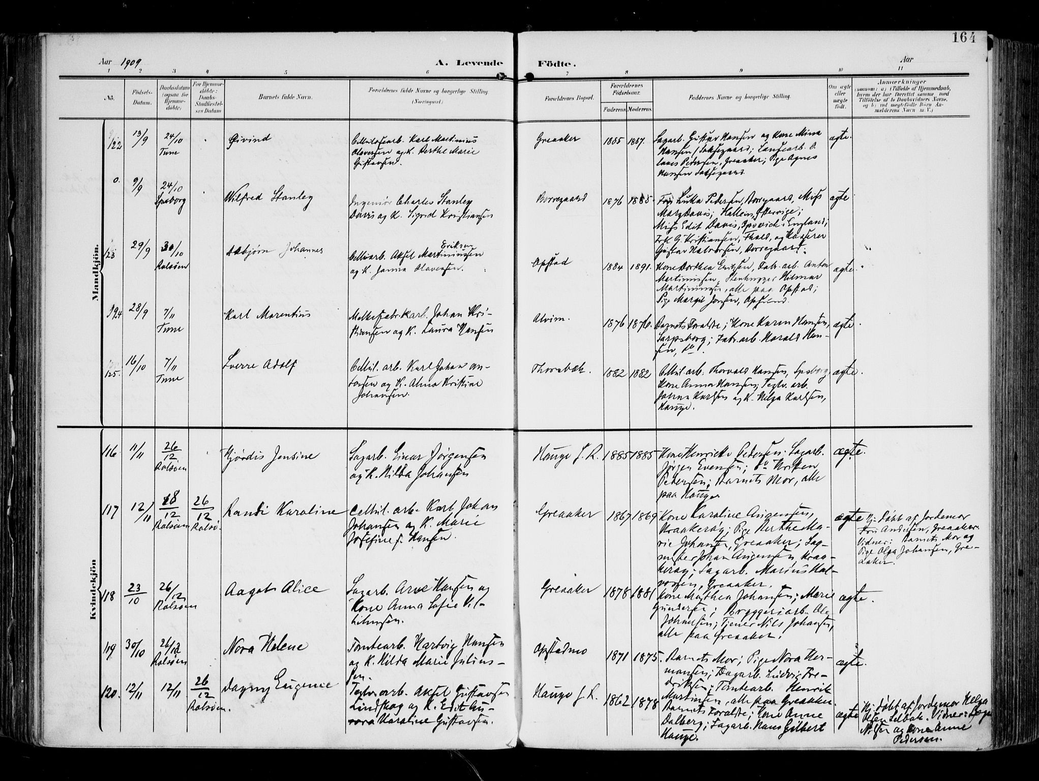 Tune prestekontor Kirkebøker, AV/SAO-A-2007/F/Fa/L0020: Parish register (official) no. 20, 1904-1909, p. 164