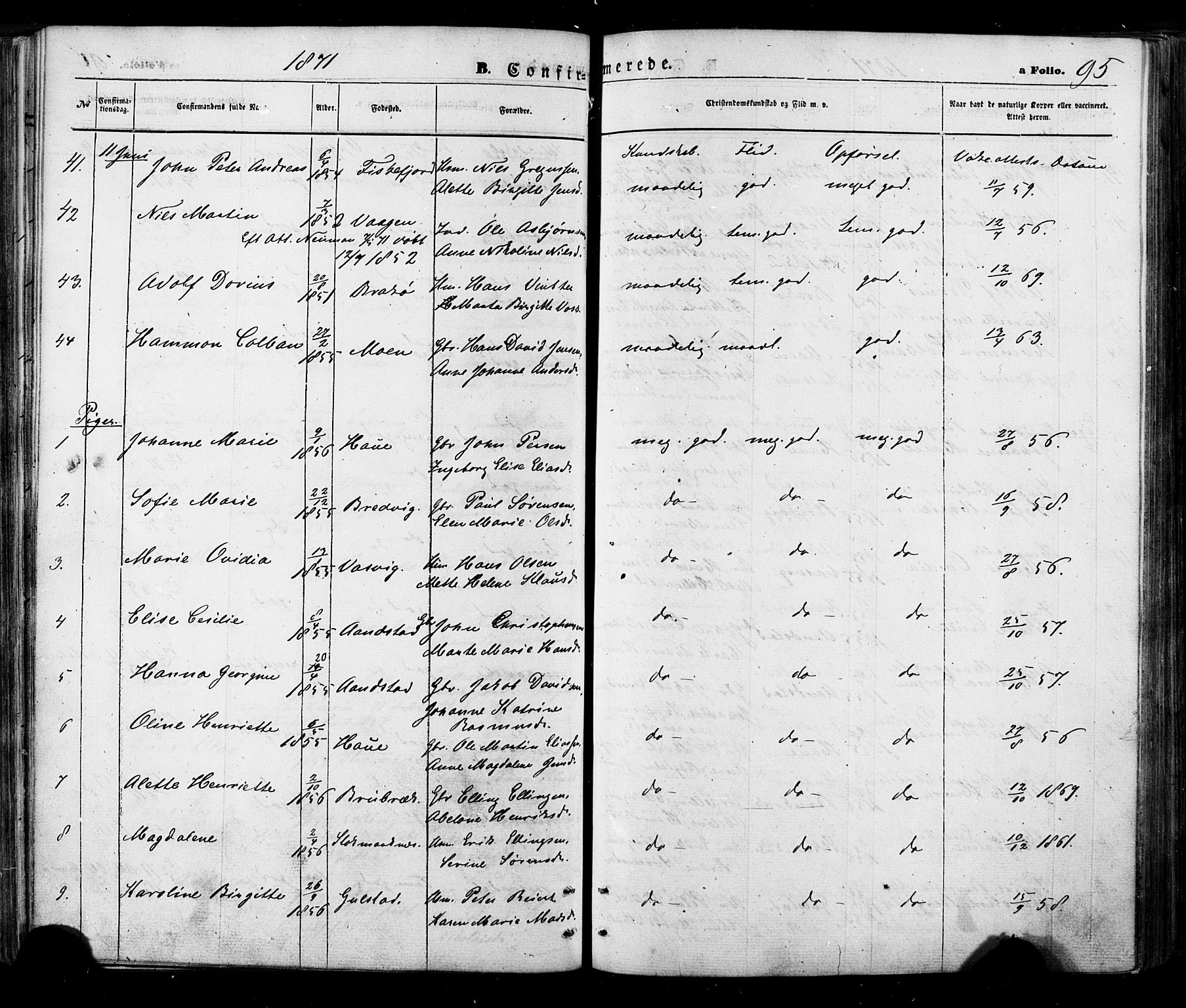 Ministerialprotokoller, klokkerbøker og fødselsregistre - Nordland, AV/SAT-A-1459/888/L1242: Parish register (official) no. 888A08, 1870-1875, p. 95