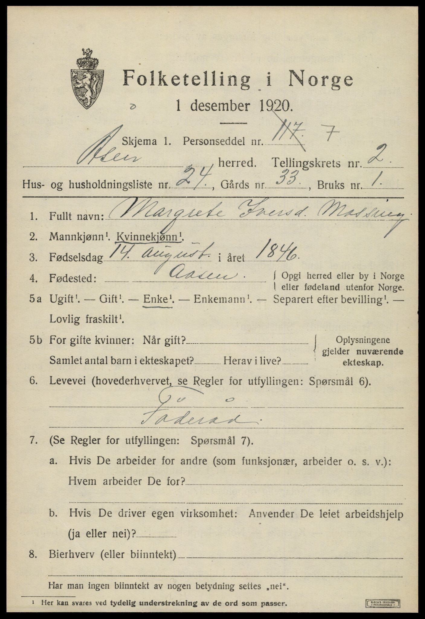 SAT, 1920 census for Åsen, 1920, p. 1940