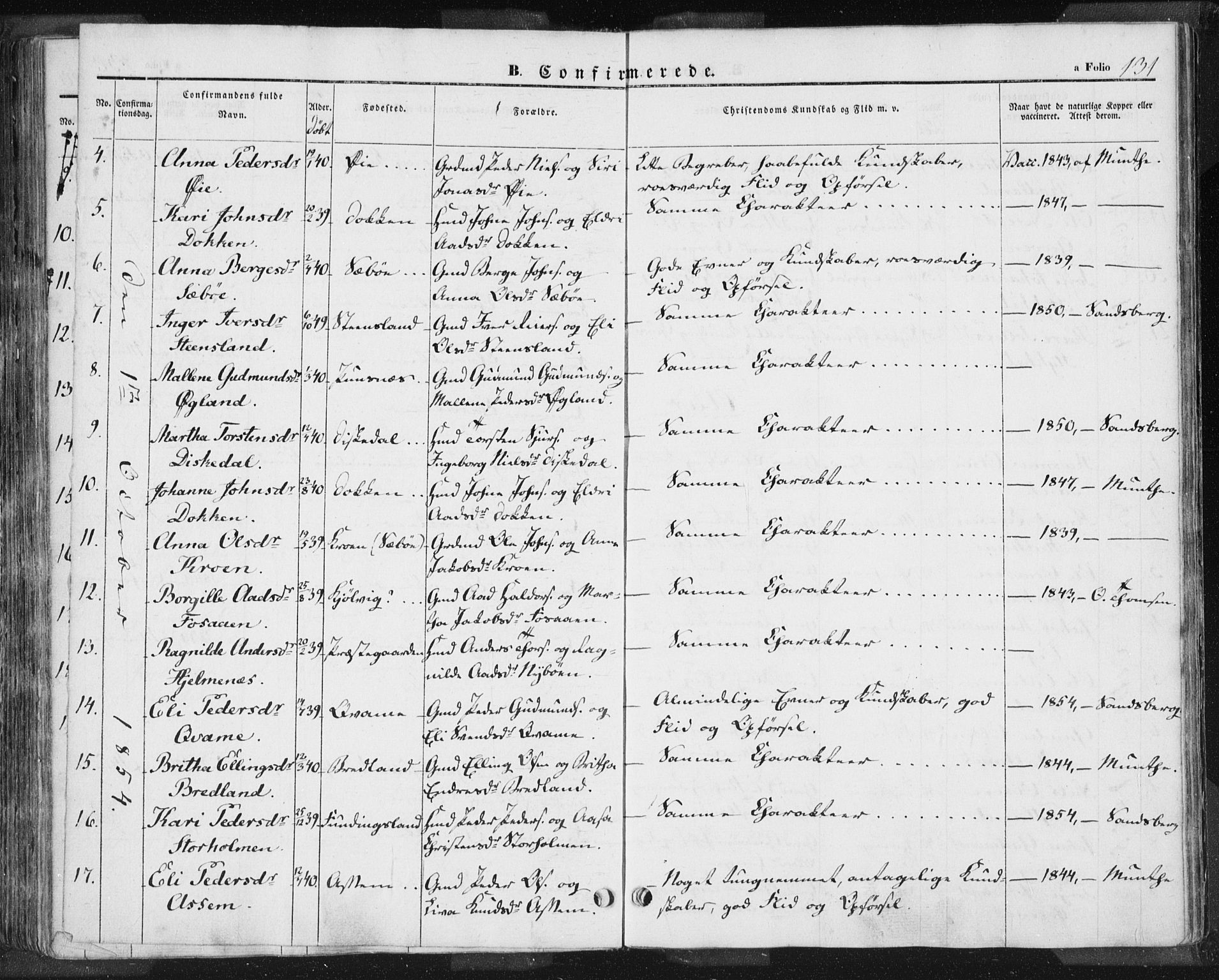 Hjelmeland sokneprestkontor, AV/SAST-A-101843/01/IV/L0009: Parish register (official) no. A 9, 1846-1860, p. 131