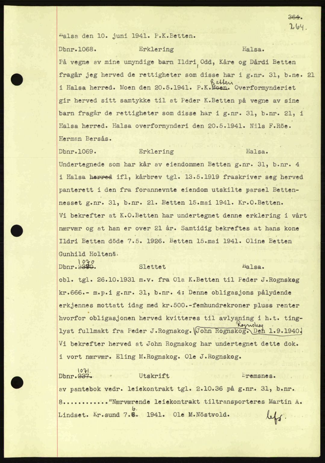 Nordmøre sorenskriveri, AV/SAT-A-4132/1/2/2Ca: Mortgage book no. C81, 1940-1945, Diary no: : 1068/1941