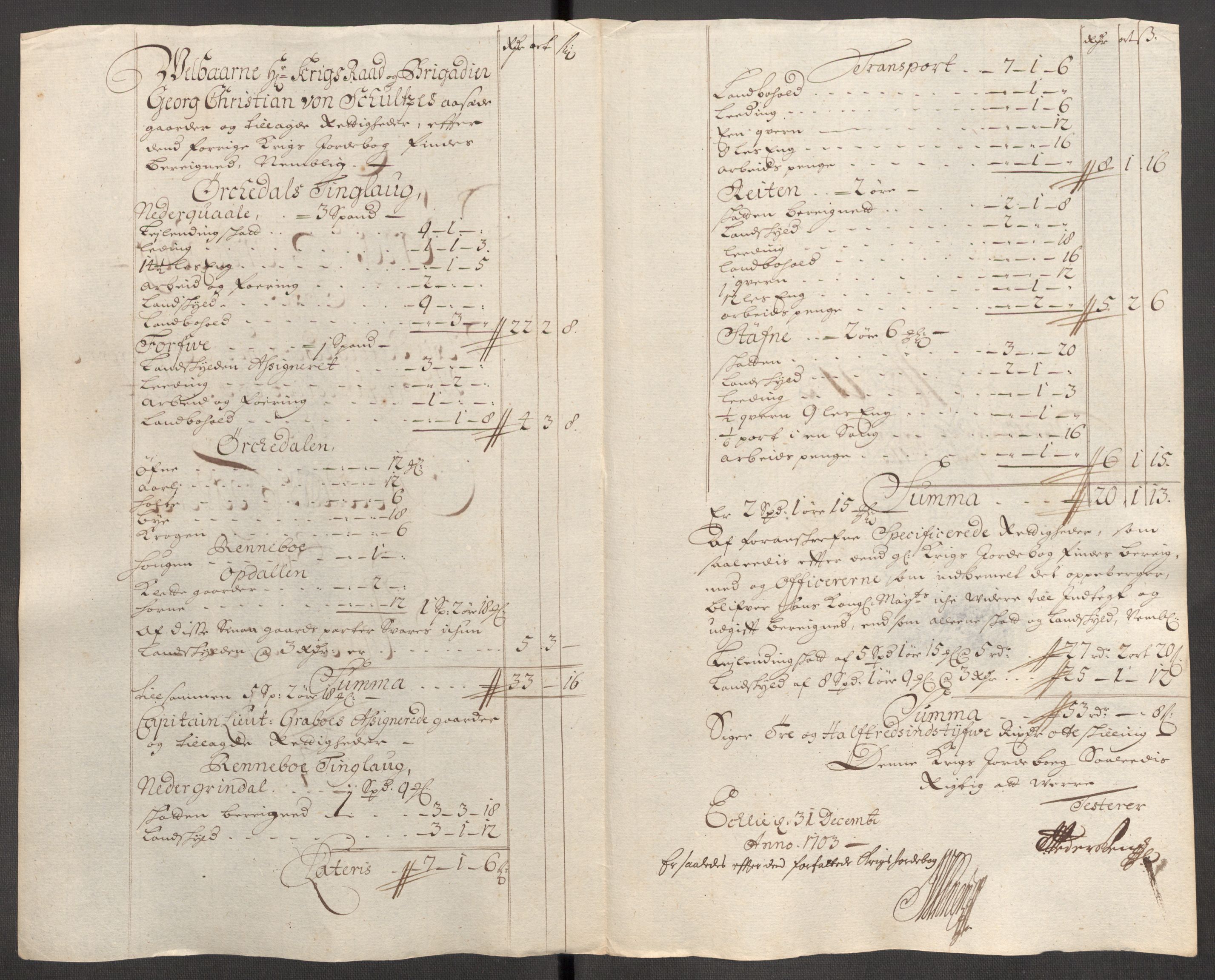 Rentekammeret inntil 1814, Reviderte regnskaper, Fogderegnskap, RA/EA-4092/R60/L3953: Fogderegnskap Orkdal og Gauldal, 1703, p. 195