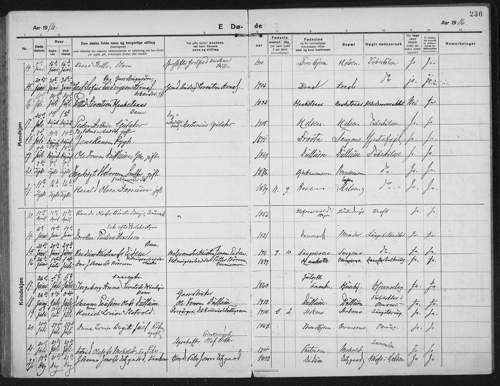 Ministerialprotokoller, klokkerbøker og fødselsregistre - Nord-Trøndelag, AV/SAT-A-1458/709/L0083: Parish register (official) no. 709A23, 1916-1928, p. 236