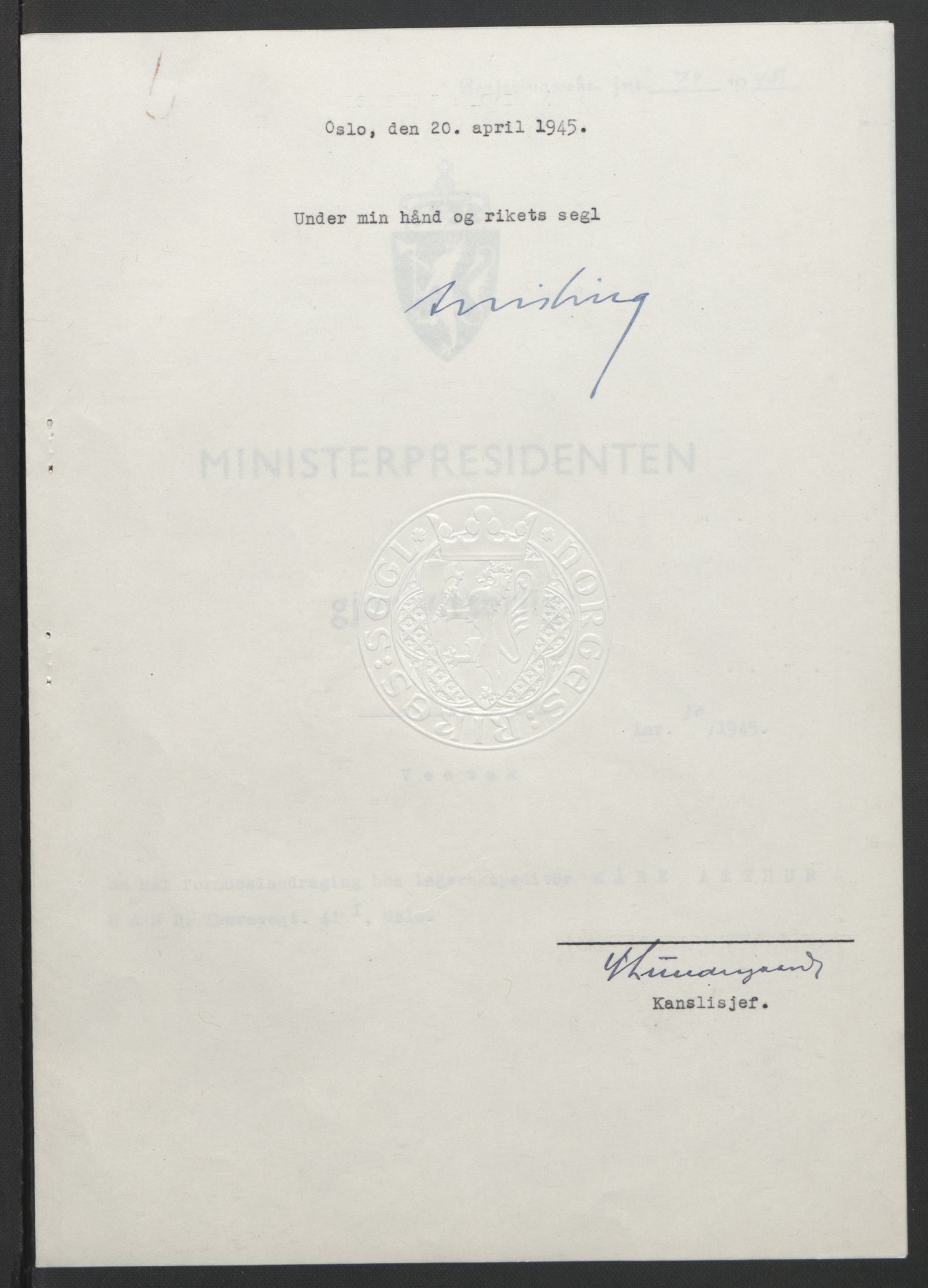 NS-administrasjonen 1940-1945 (Statsrådsekretariatet, de kommisariske statsråder mm), AV/RA-S-4279/D/Db/L0111/0003: Saker fra krigsårene / Journal, 1940-1945, p. 441