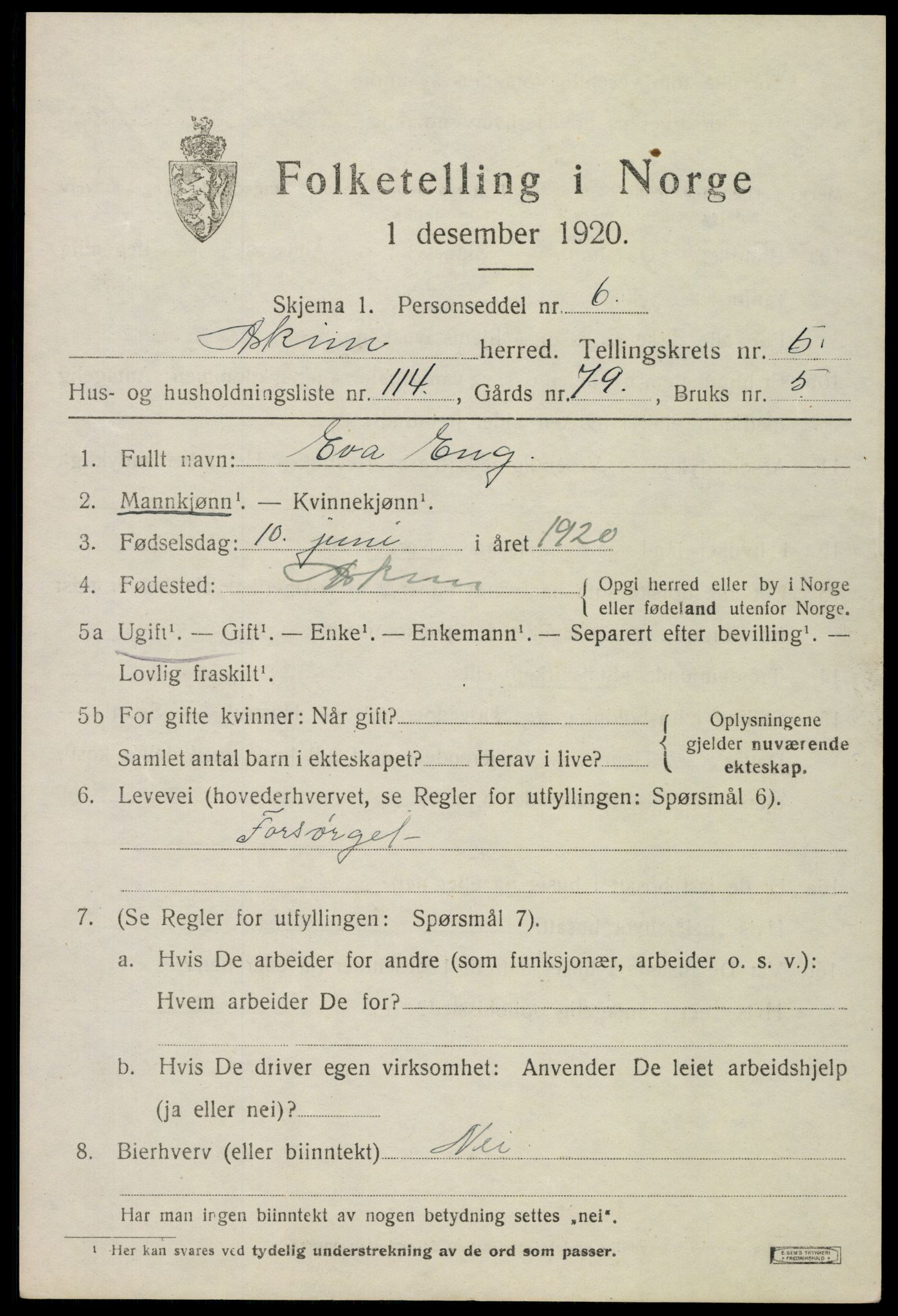 SAO, 1920 census for Askim, 1920, p. 11019