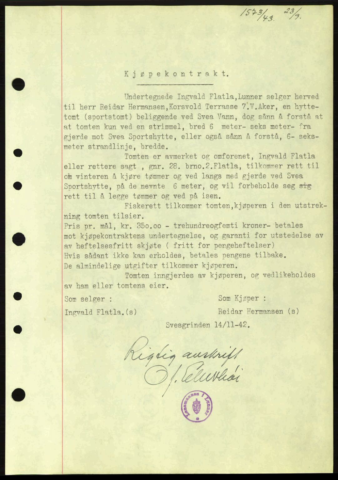 Hadeland og Land tingrett, AV/SAH-TING-010/H/Hb/Hbb/L0085: Mortgage book no. A85, 1943-1943, Diary no: : 1573/1943