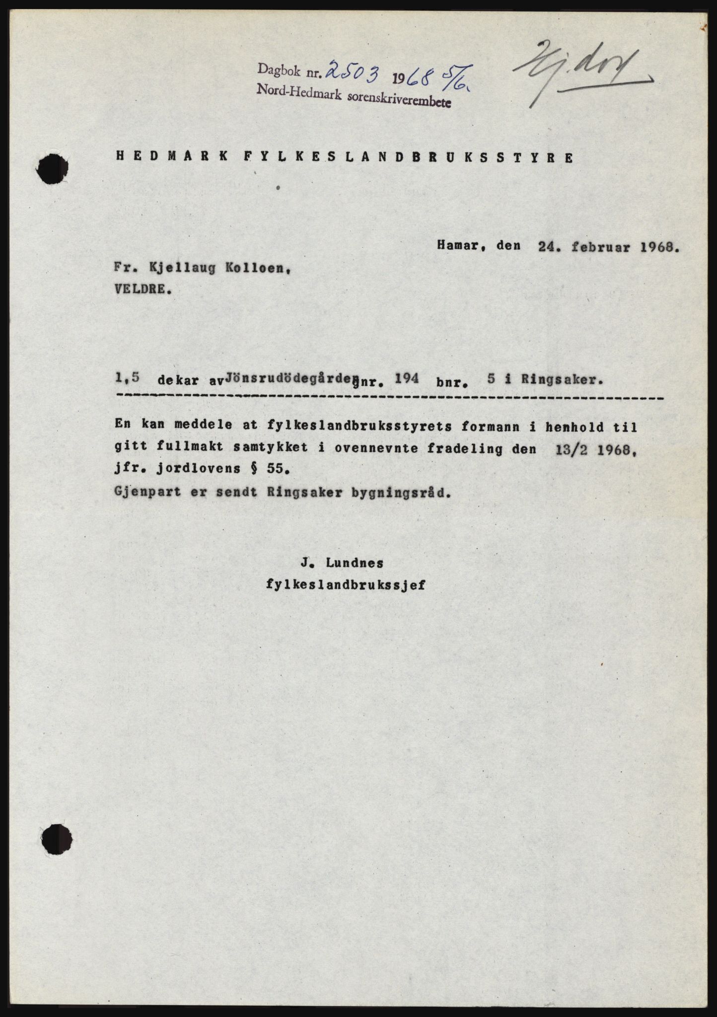 Nord-Hedmark sorenskriveri, SAH/TING-012/H/Hc/L0028: Mortgage book no. 28, 1968-1968, Diary no: : 2503/1968