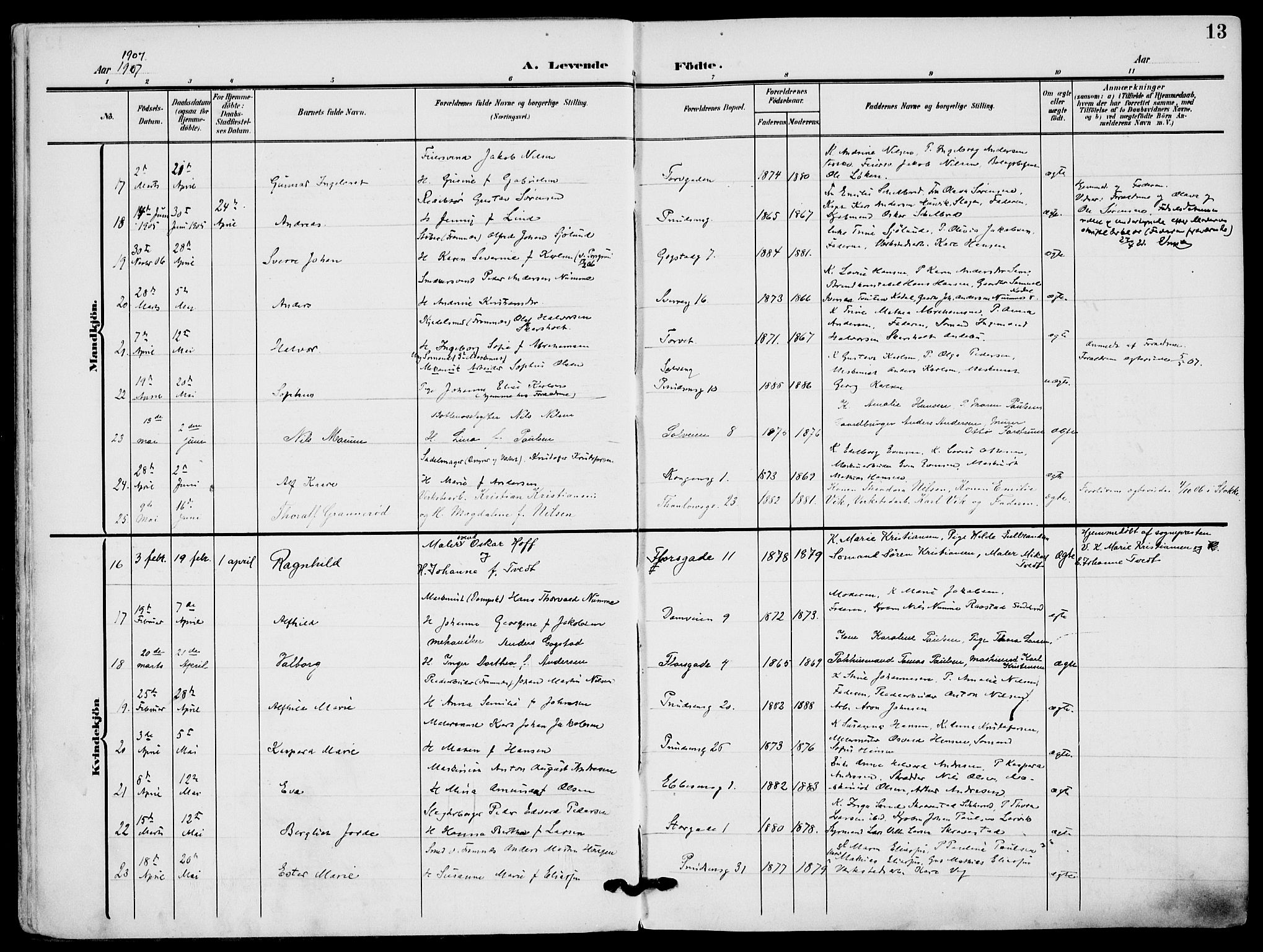 Sandefjord kirkebøker, AV/SAKO-A-315/F/Fa/L0005: Parish register (official) no. 5, 1906-1915, p. 13