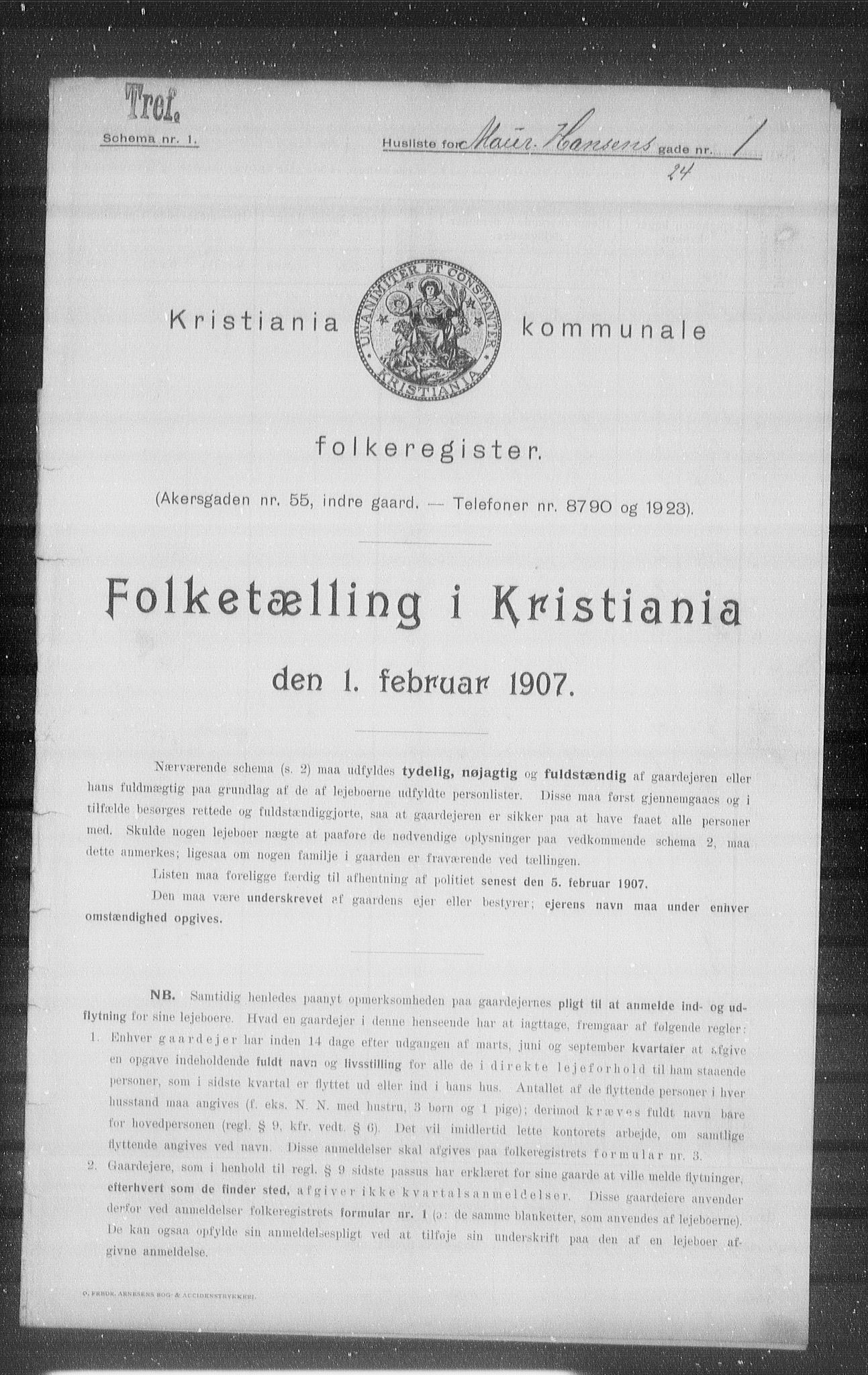 OBA, Municipal Census 1907 for Kristiania, 1907, p. 33069
