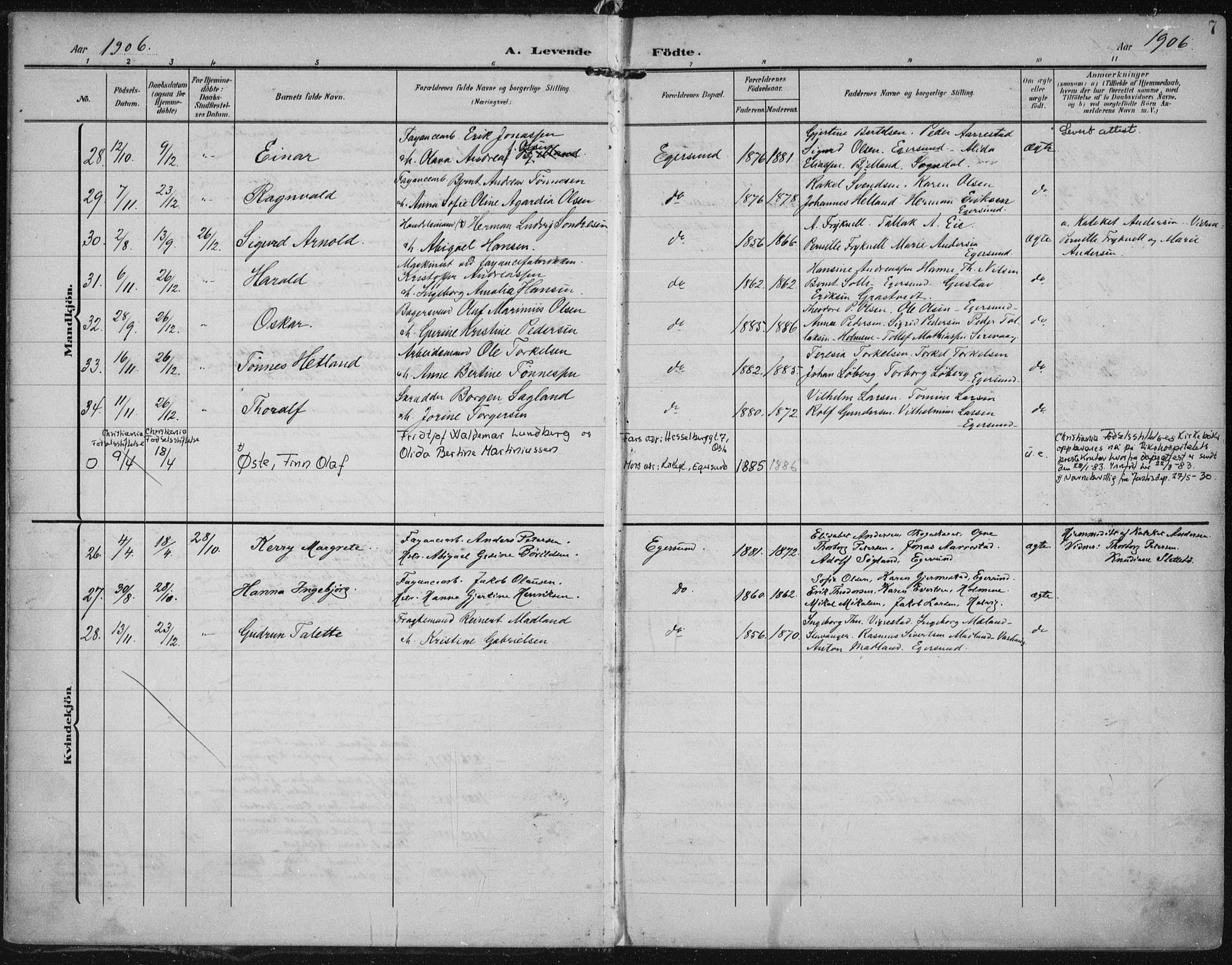 Eigersund sokneprestkontor, AV/SAST-A-101807/001/30/30BA/L0022: Parish register (official) no. A 21, 1905-1928, p. 7