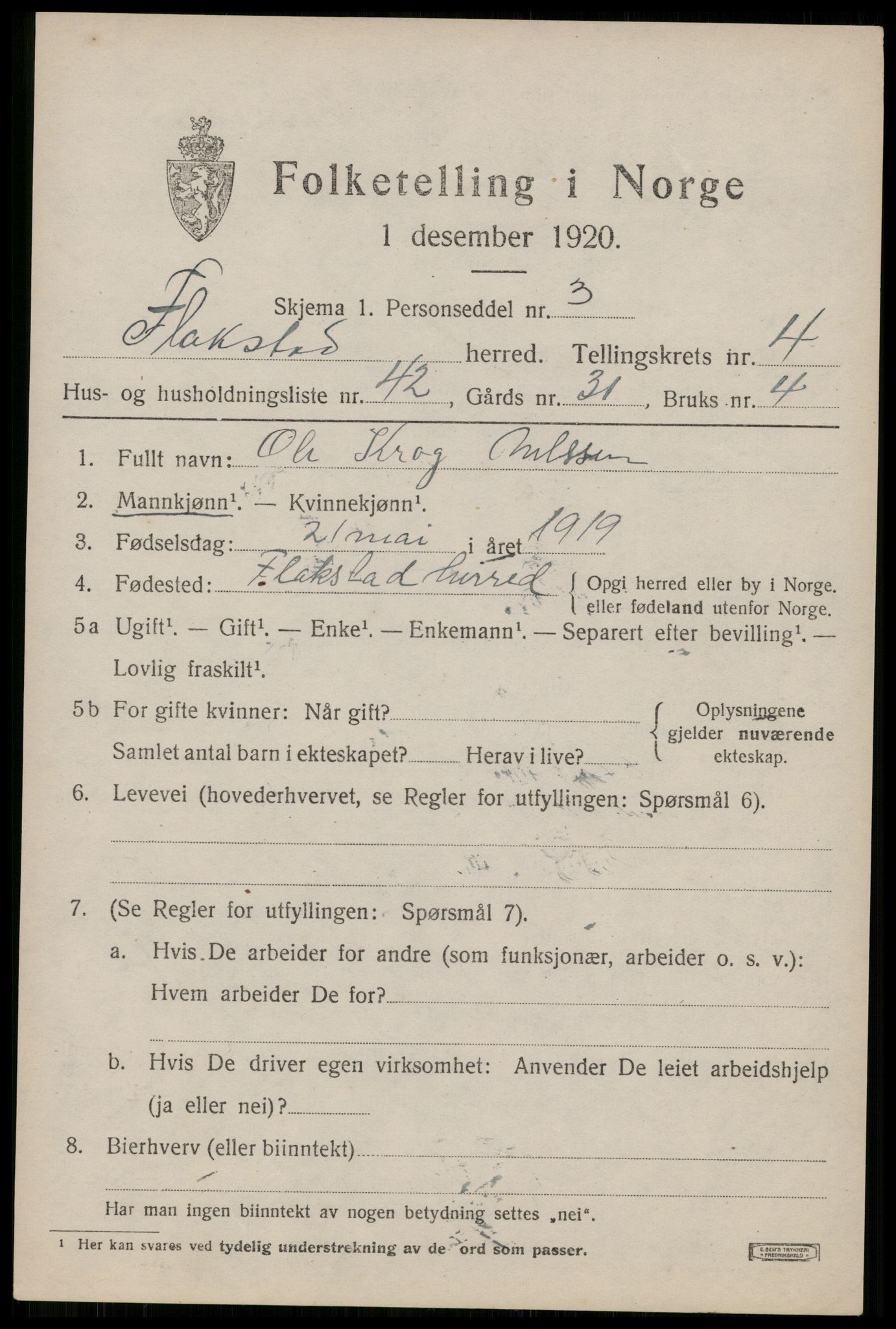 SAT, 1920 census for Flakstad, 1920, p. 3397