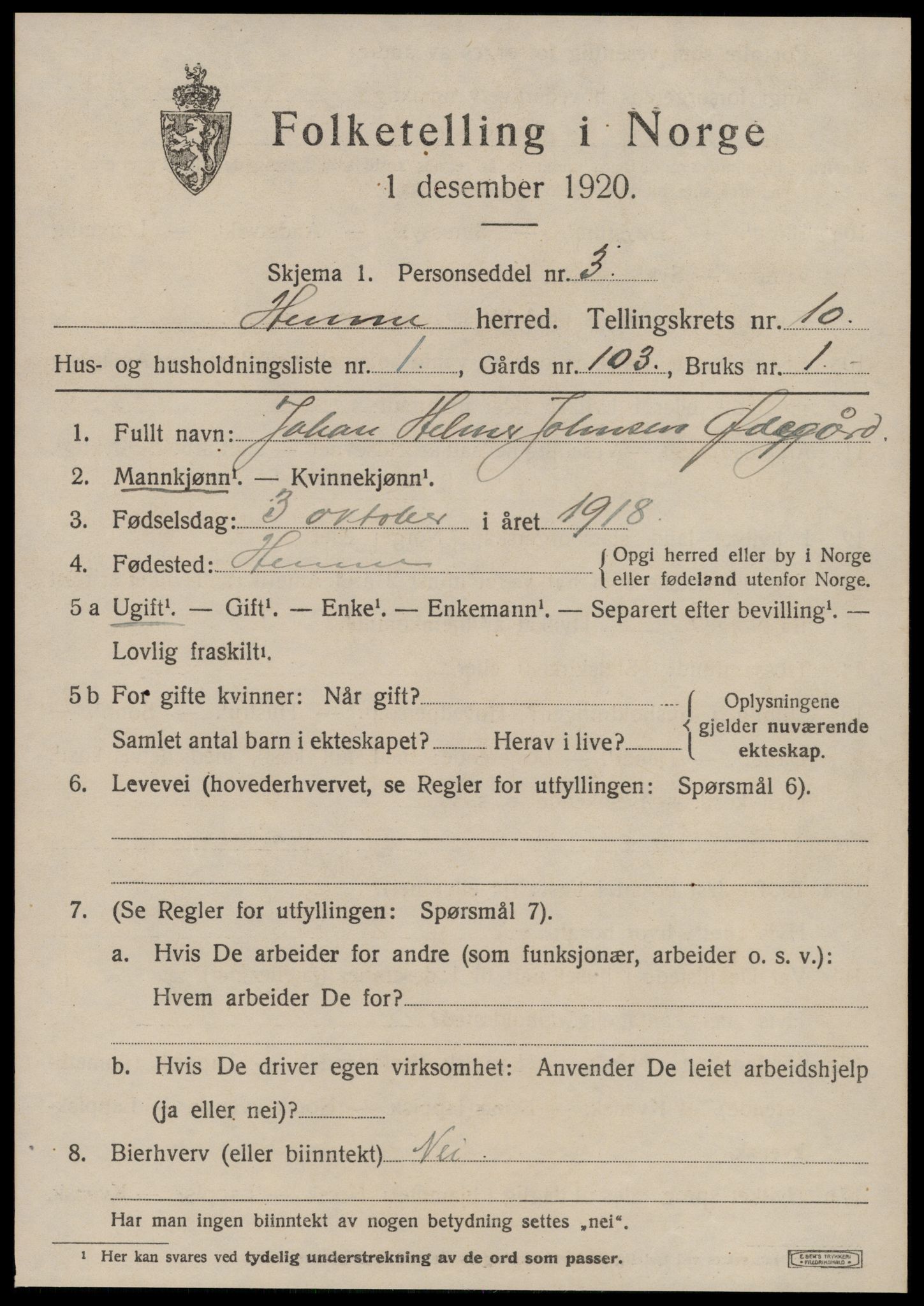 SAT, 1920 census for Hemne, 1920, p. 6126